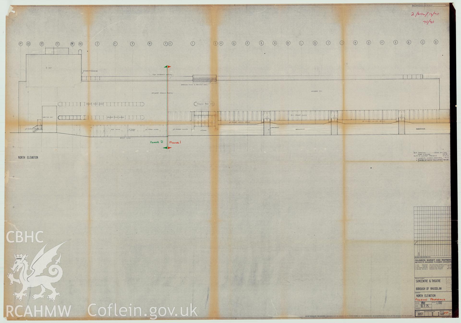 Digital copy of a measured drawing showing north elevation phasing proposals for the Sun Centre, Rhyl, produced by Gillinson Barnett and Partners. Loaned for copying by Denbighshire County Council.