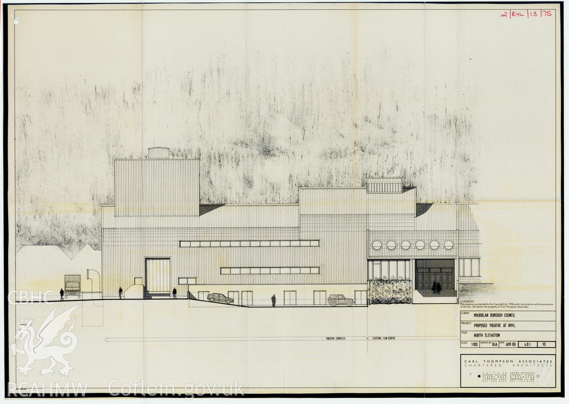 Digital copy of a measured drawing showing the north elevation of the 1989 proposed Theatre, Rhuddlan, produced by Carl Thompson Associates. Loaned for copying by Denbighshire County Council.
