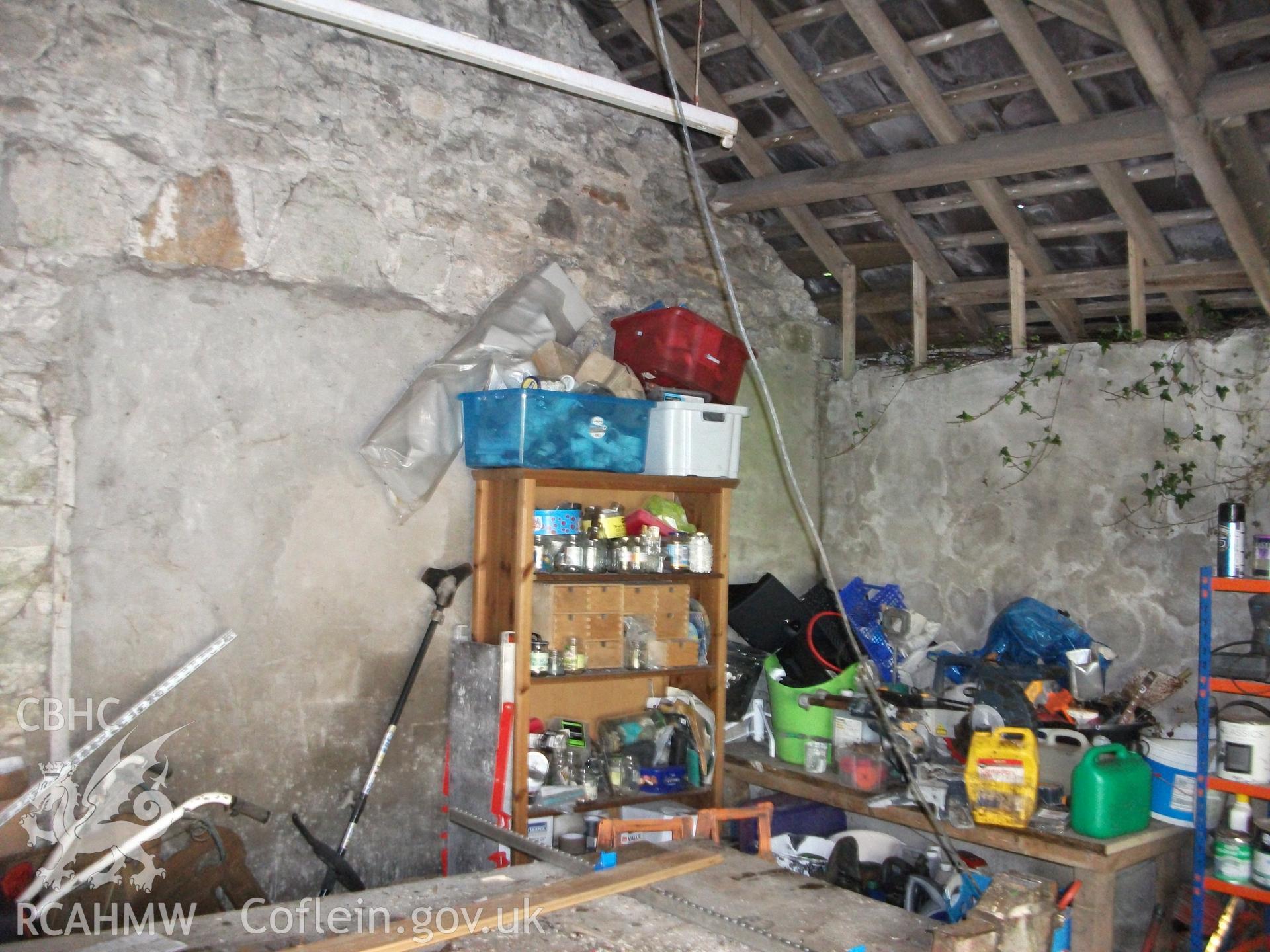 Photograph showing interior of the building attached to the cottage at Pant-y-Castell, Maesybont. Photographed by Mark Waghorn to meet a condition attached to planning application.