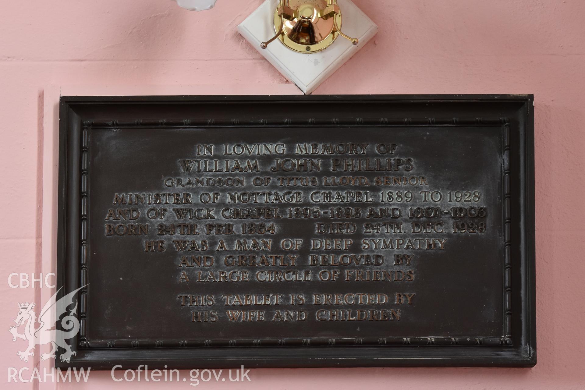Colour photograph showing detail of memorial plaque dedicated to William John Phillips at the Baptist & Unitarian Chapel, Nottage, Porthcawl. Taken during photographic survey conducted by Sue Fielding on 12th May 2018.