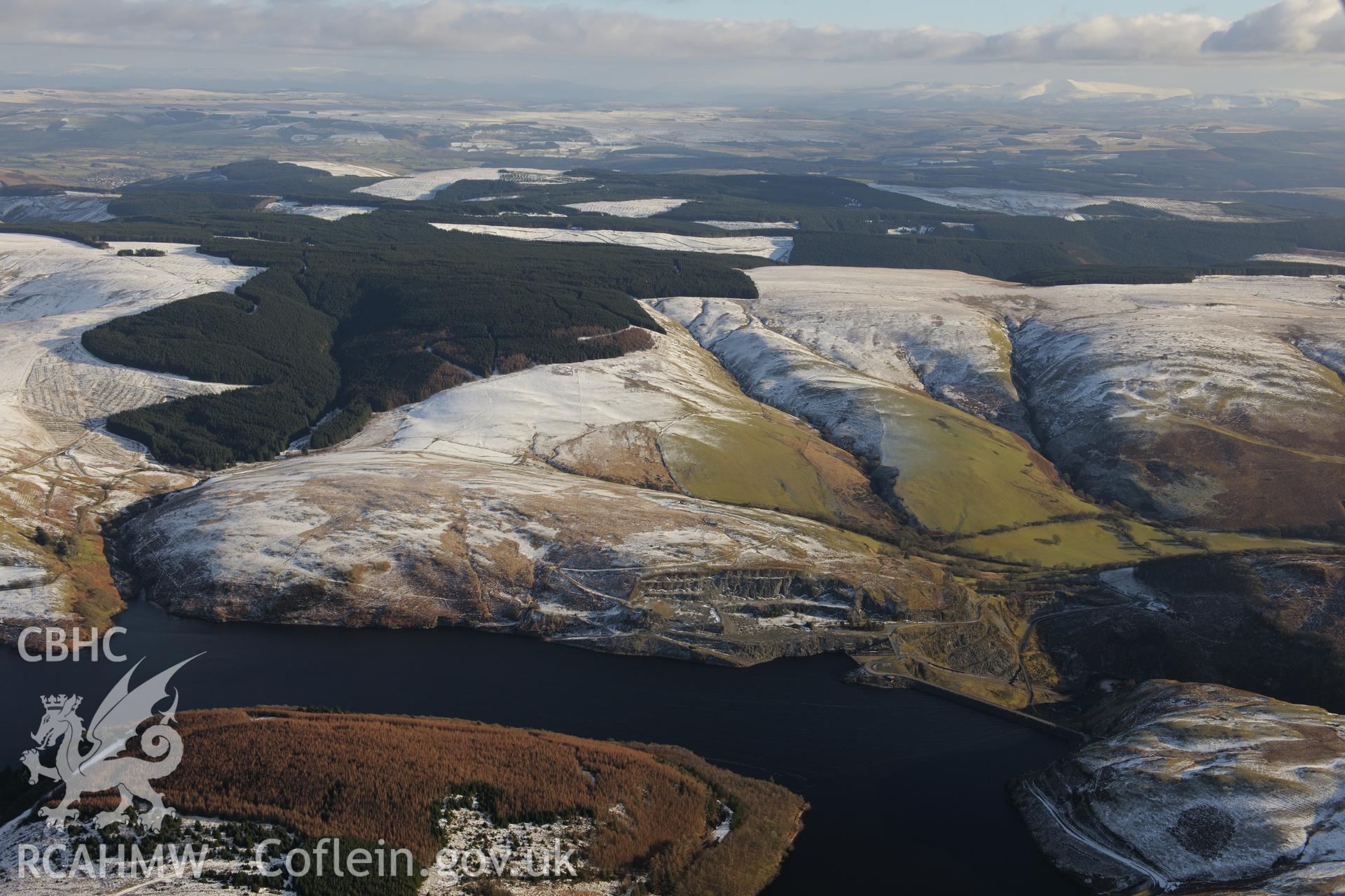 Llyn Brianne Reservoir in the Cambrian Mountains, west of Llanwrtyd Wells. Oblique aerial photograph taken during the Royal Commission's programme of archaeological aerial reconnaissance by Toby Driver on 4th February 2015.