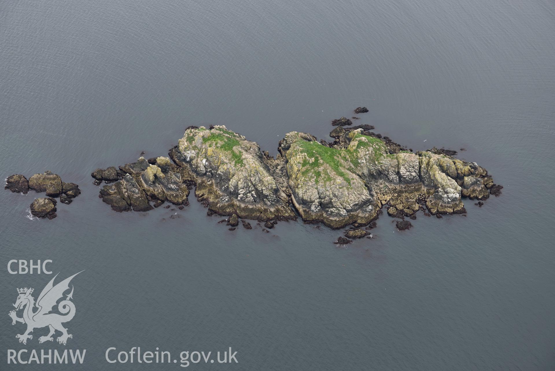 Stack Rocks, at extreme low tide. Baseline aerial reconnaissance survey for the CHERISH Project. ? Crown: CHERISH PROJECT 2017. Produced with EU funds through the Ireland Wales Co-operation Programme 2014-2020. All material made freely available through the Open Government Licence.