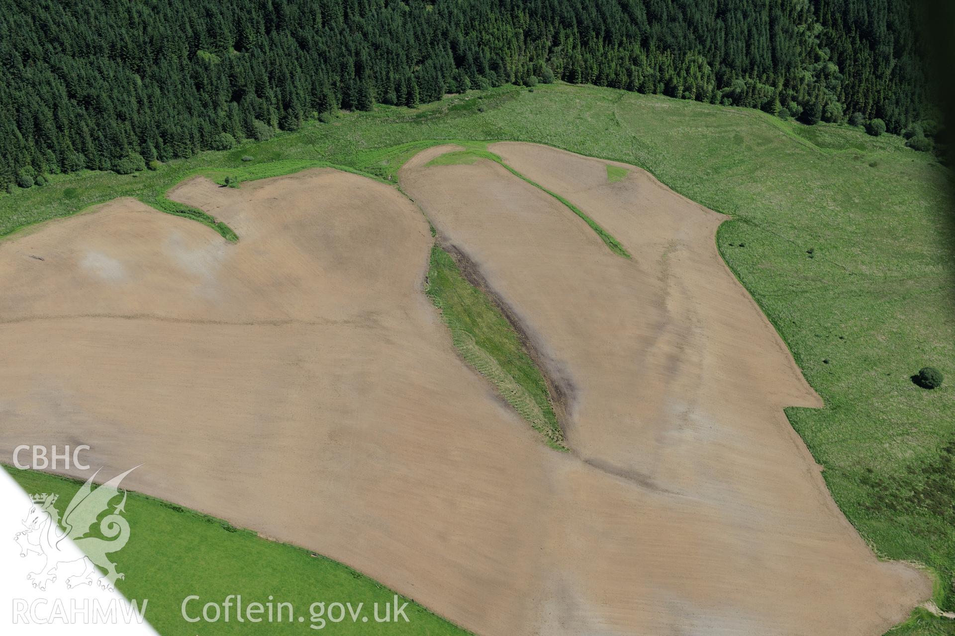 Abererbwll Roman fortlet, south west of Llanwrtyd Wells. Oblique aerial photograph taken during the Royal Commission's programme of archaeological aerial reconnaissance by Toby Driver on 30th June 2015.