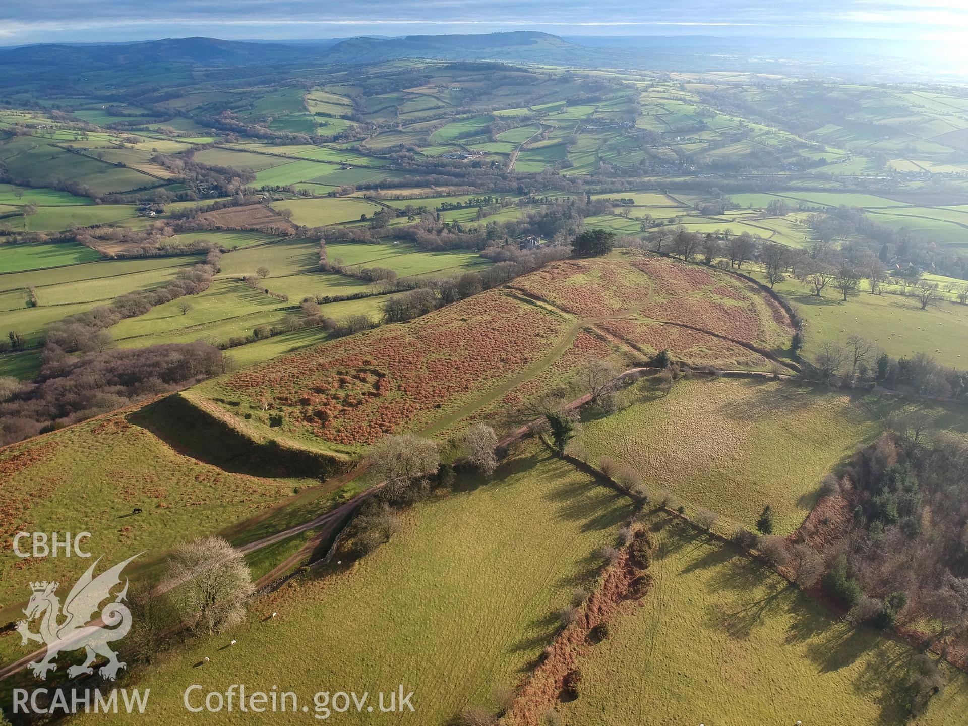 Aerial view of Pen-twyn Camp, Crucorney. Colour photograph taken by Paul R. Davis on 1st January 2019.
