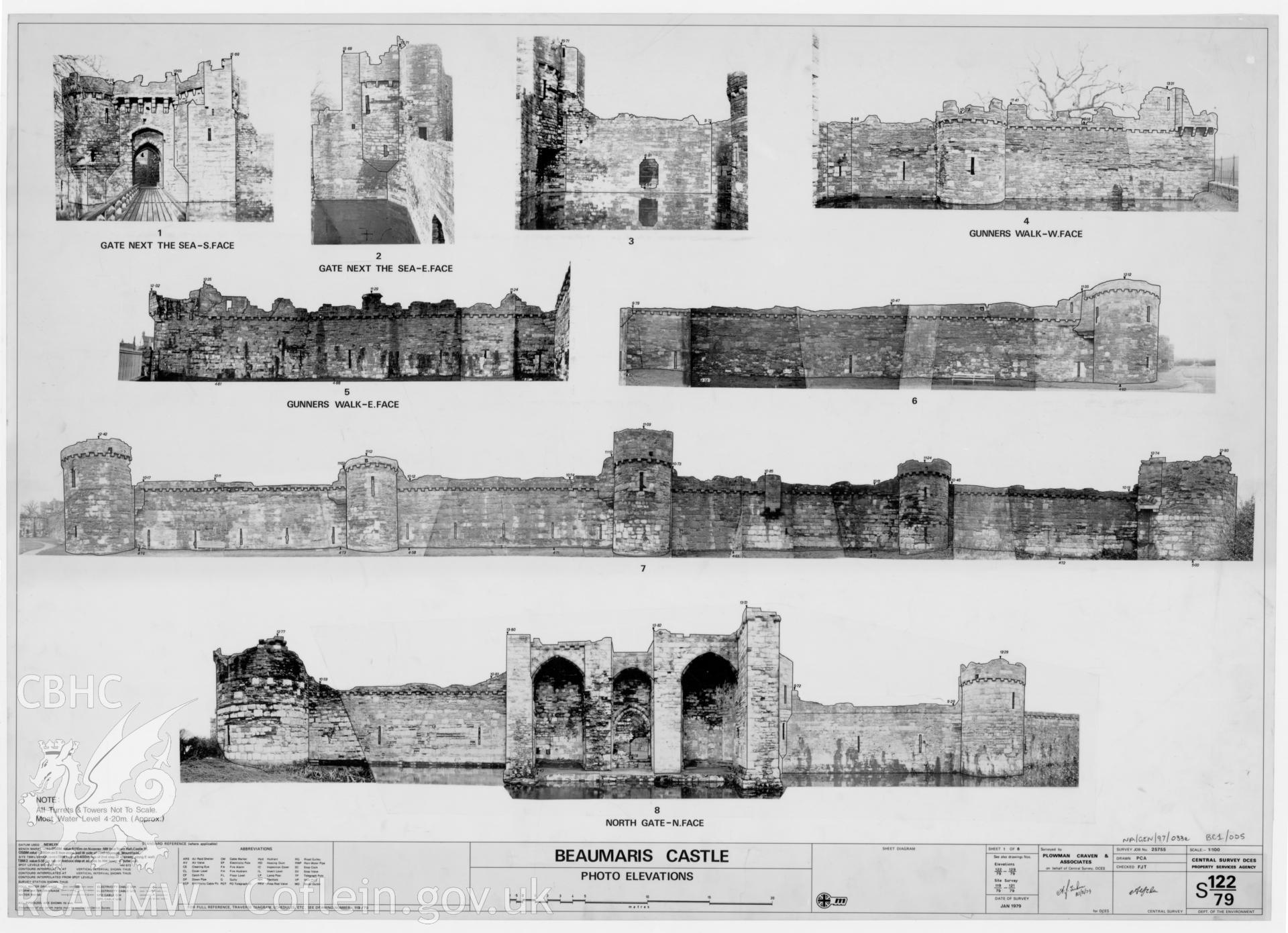 Digital copy of elevations, drawn onto rectified photographs, of Beaumaris Castle, picturing stretches of wall, Gunner's Walk, Gate next the Sea and North Gate. Reproduction on drawing film, scale 1:100. Carried out on behalf of the Department of the Environment.