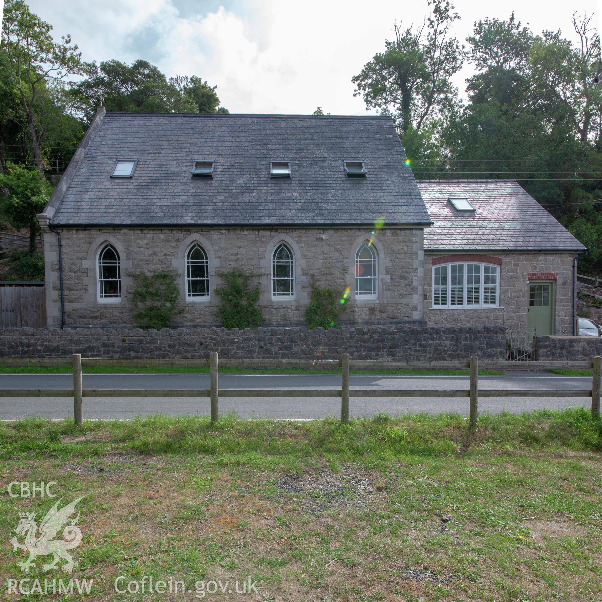 Colour photograph showing side elevation of Bethel Welsh Wesleyan Methodist Chapel, Graig-fechan, Llanfair Dyffryn Clwyn, near Ruthin. Photographed by Richard Barrett on 4th August 2018.