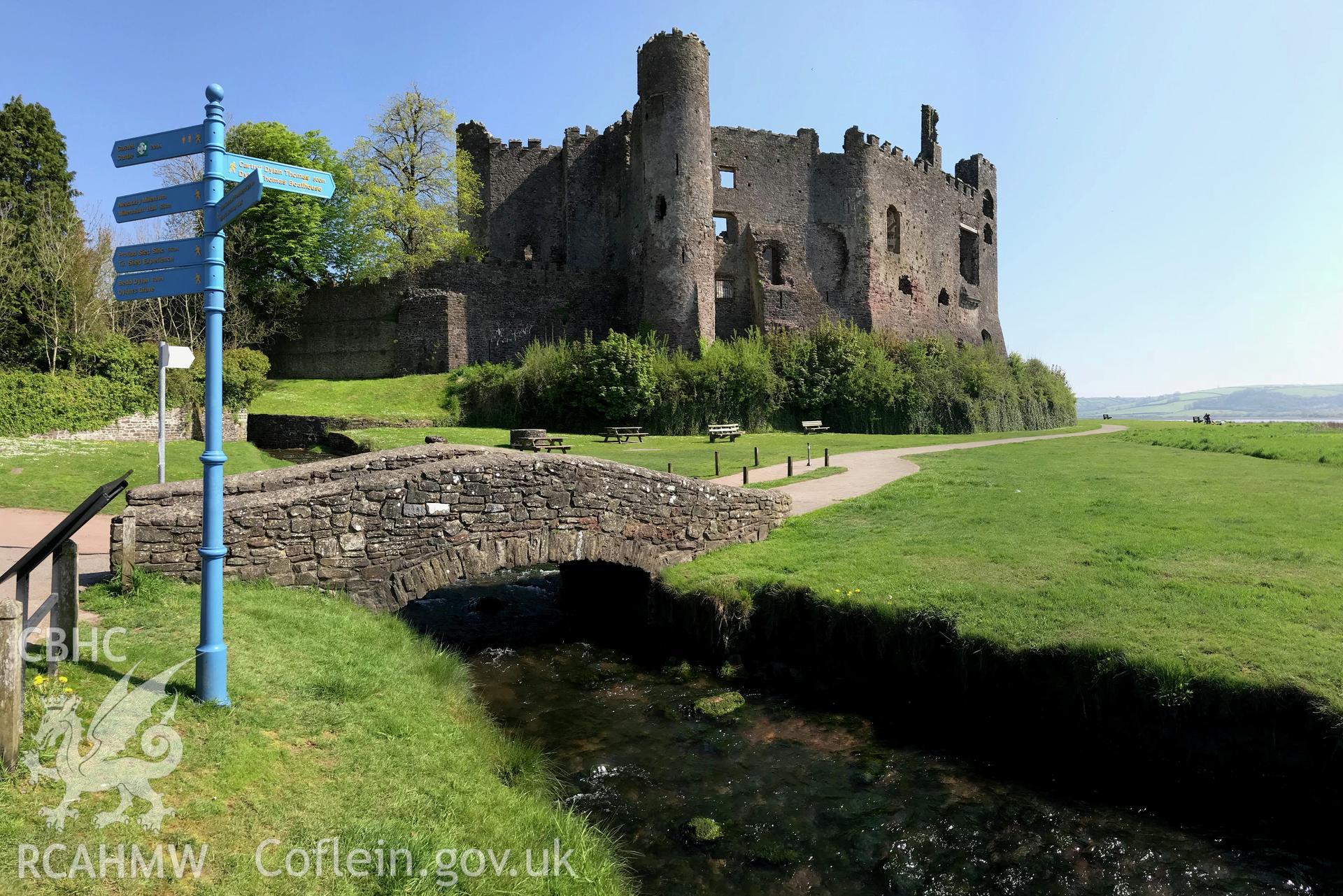 Colour photo showing exterior view of Laugharne Castle, taken by Paul R. Davis, 6th May 2018.