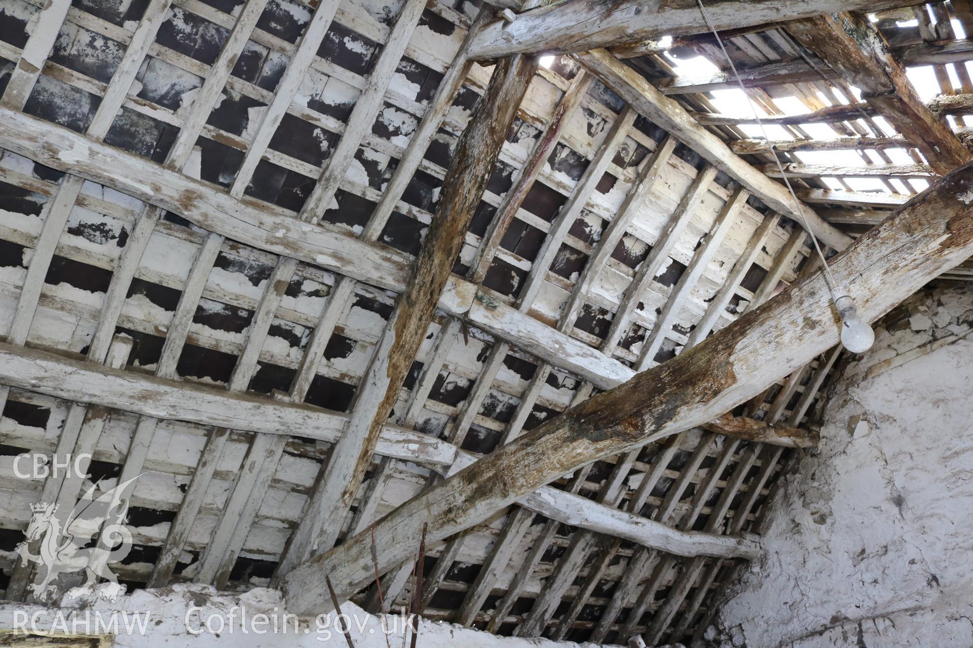 Photograph showing interior view of dairy roof, at Maes yr Hendre, taken by Dr Marian Gwyn, 6th July 2016. (Original Reference no. 0247)