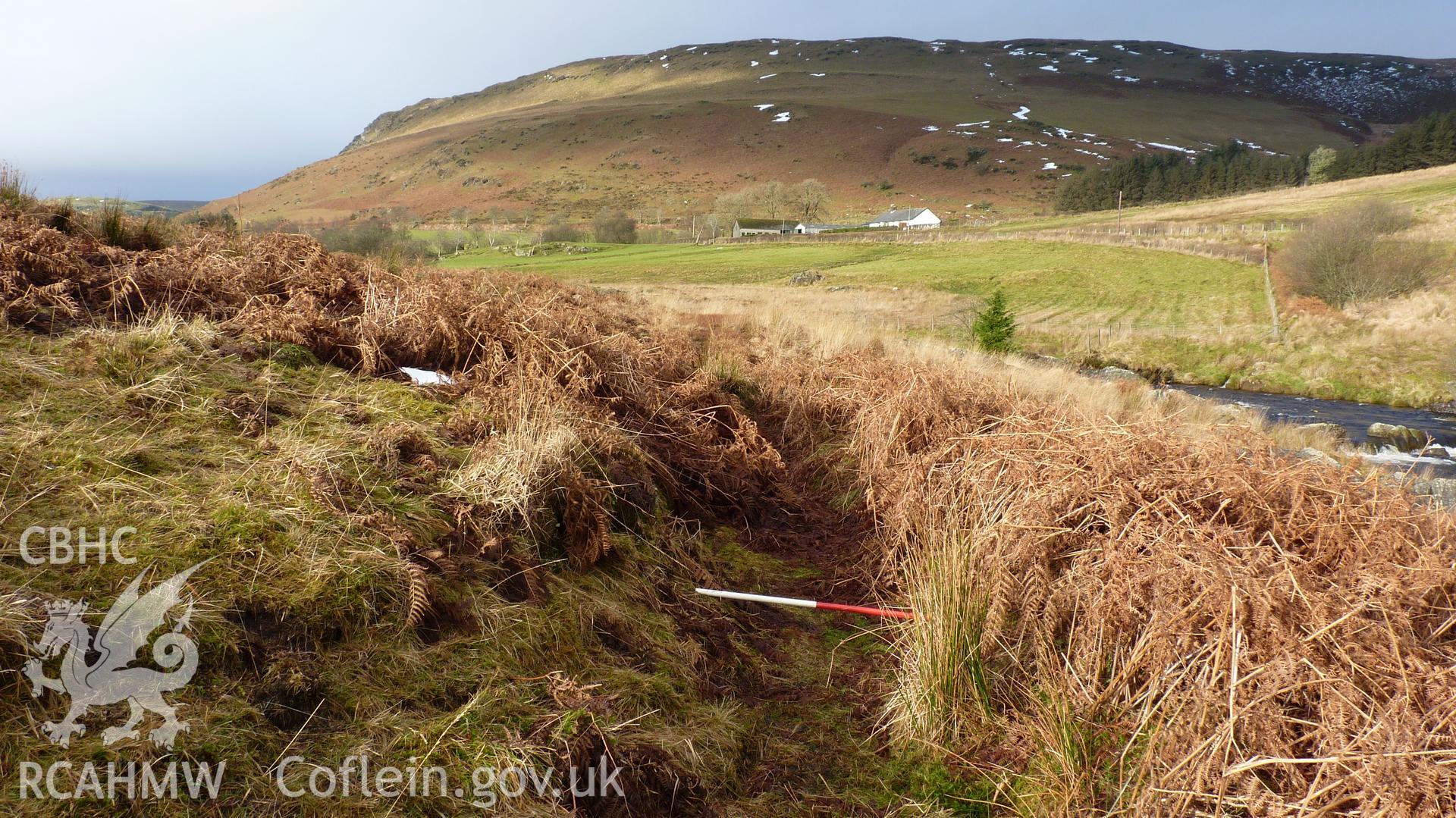 Continuation of the trackway, in an area close to the proposed weir. SN 8835 6275. Looking west. Photographed for Archaeological Desk Based Assessment of Afon Claerwen, Elan Valley, Rhayader. Assessment by Archaeology Wales in 2017-18. Project no. 2573.