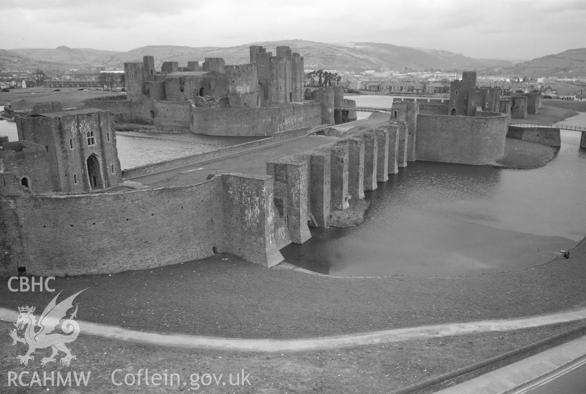 Digital copy of a black and white negative showing Caerphilly Castle, July 1970.