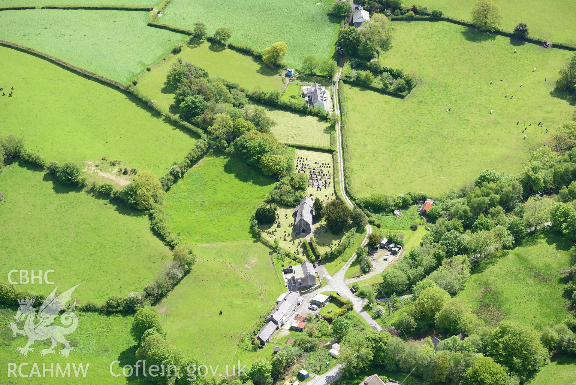 St. Sulien's Church and the village of Silian. Oblique aerial photograph taken during the Royal Commission's programme of archaeological aerial reconnaissance by Toby Driver on 3rd June 2015.
