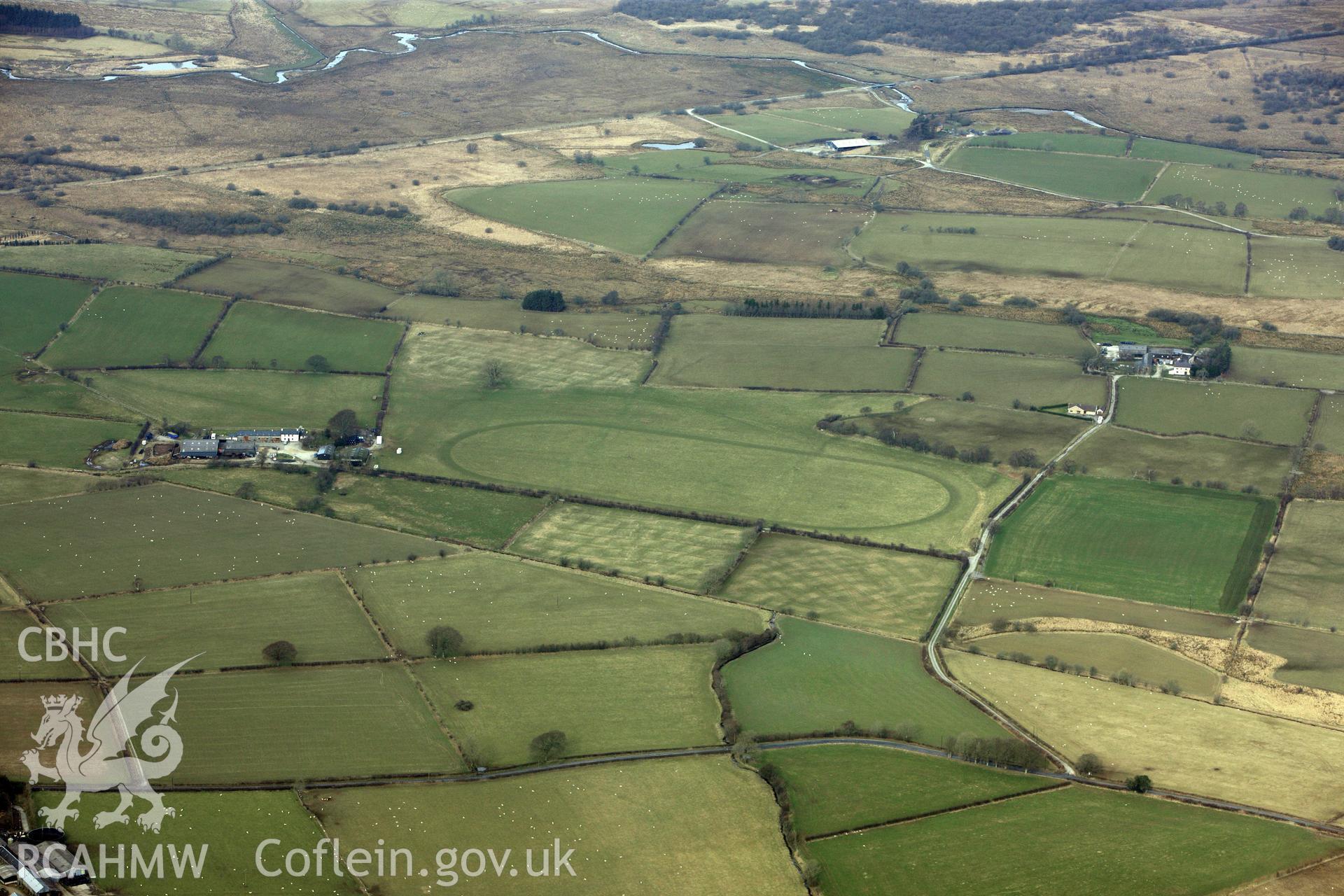 Tregaron trotting races circuit, Dolyrychain, Pontrhydfendigaid. Oblique aerial photograph taken during the Royal Commission?s programme of archaeological aerial reconnaissance by Toby Driver on 28th February 2013.