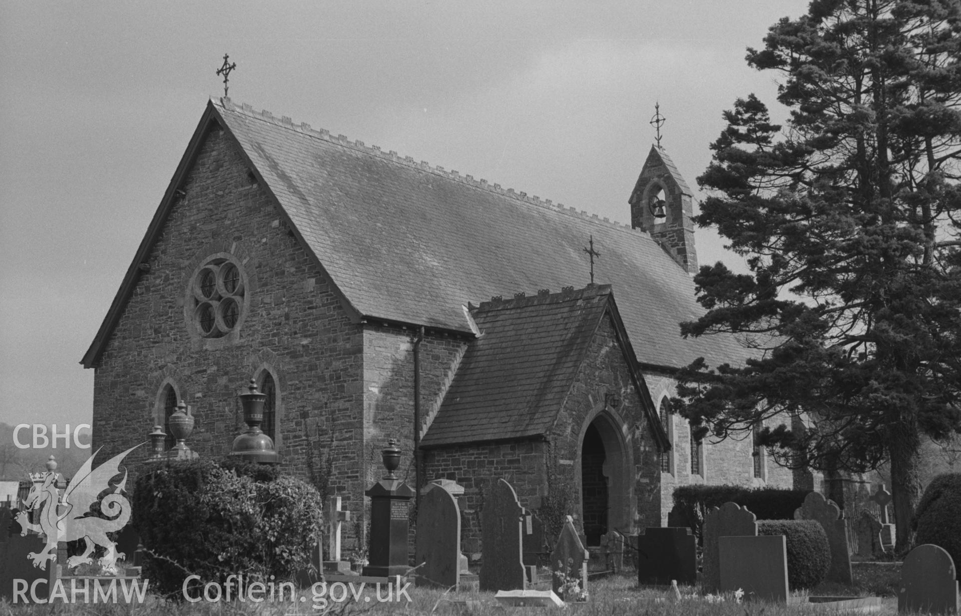 Digital copy of a black and white negative showing exterior view of St Hilary's Church, Trefilan. Photographed by Arthur O. Chater on 11th April 1967 looking north east from Grid Reference SN 549 572.