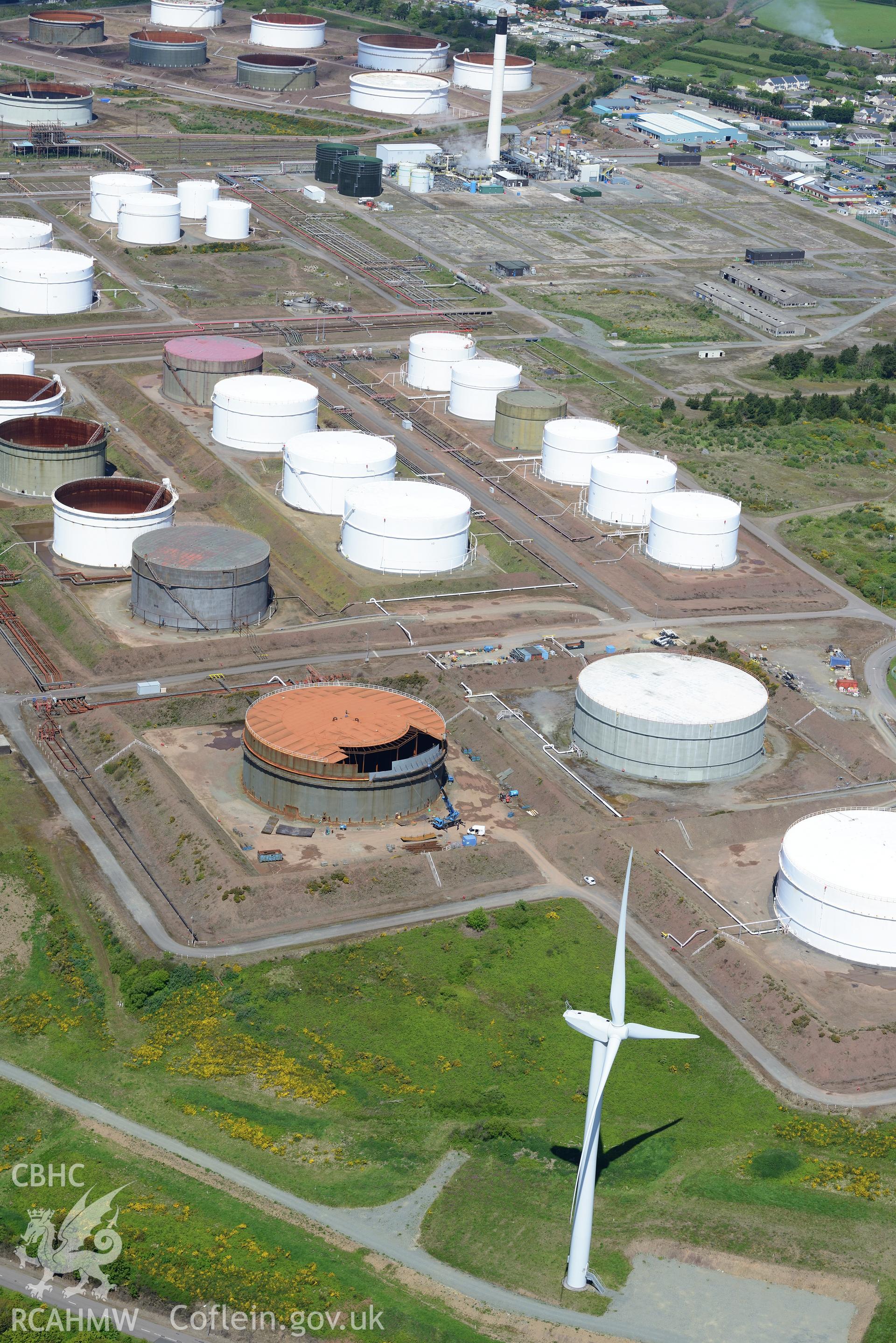 Gulf Oil Refinery, Waterston, Milford Haven. Oblique aerial photograph taken during the Royal Commission's programme of archaeological aerial reconnaissance by Toby Driver on 13th May 2015.