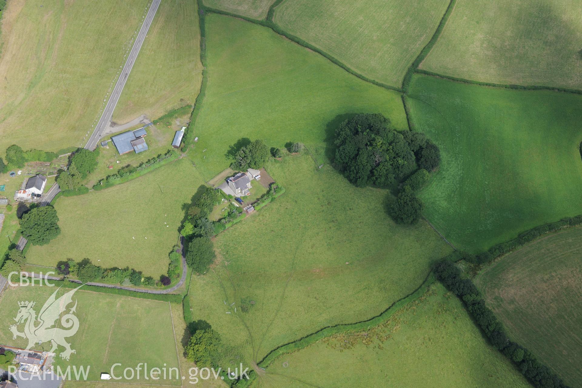 Castell Meurig (Castell Llangadog), south of Llangadog, between Llandovery and Llandeilo. Oblique aerial photograph taken during the Royal Commission?s programme of archaeological aerial reconnaissance by Toby Driver on 1st August 2013.