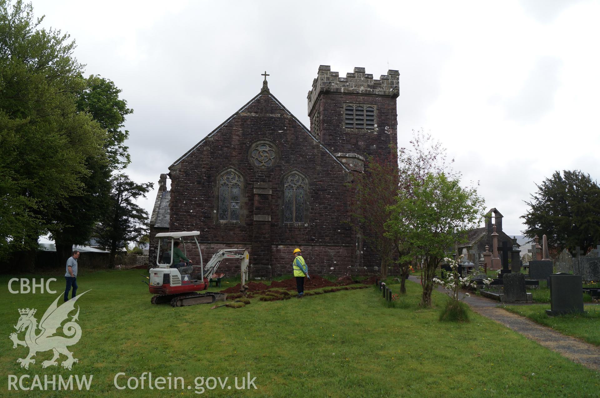 'Trench 2 and the western end of the church, looking east northeast' at Capel Gwynfe, Llangadod. Photograph and description by Jenny Hall and Paul Sambrook of Trysor, May 2018.