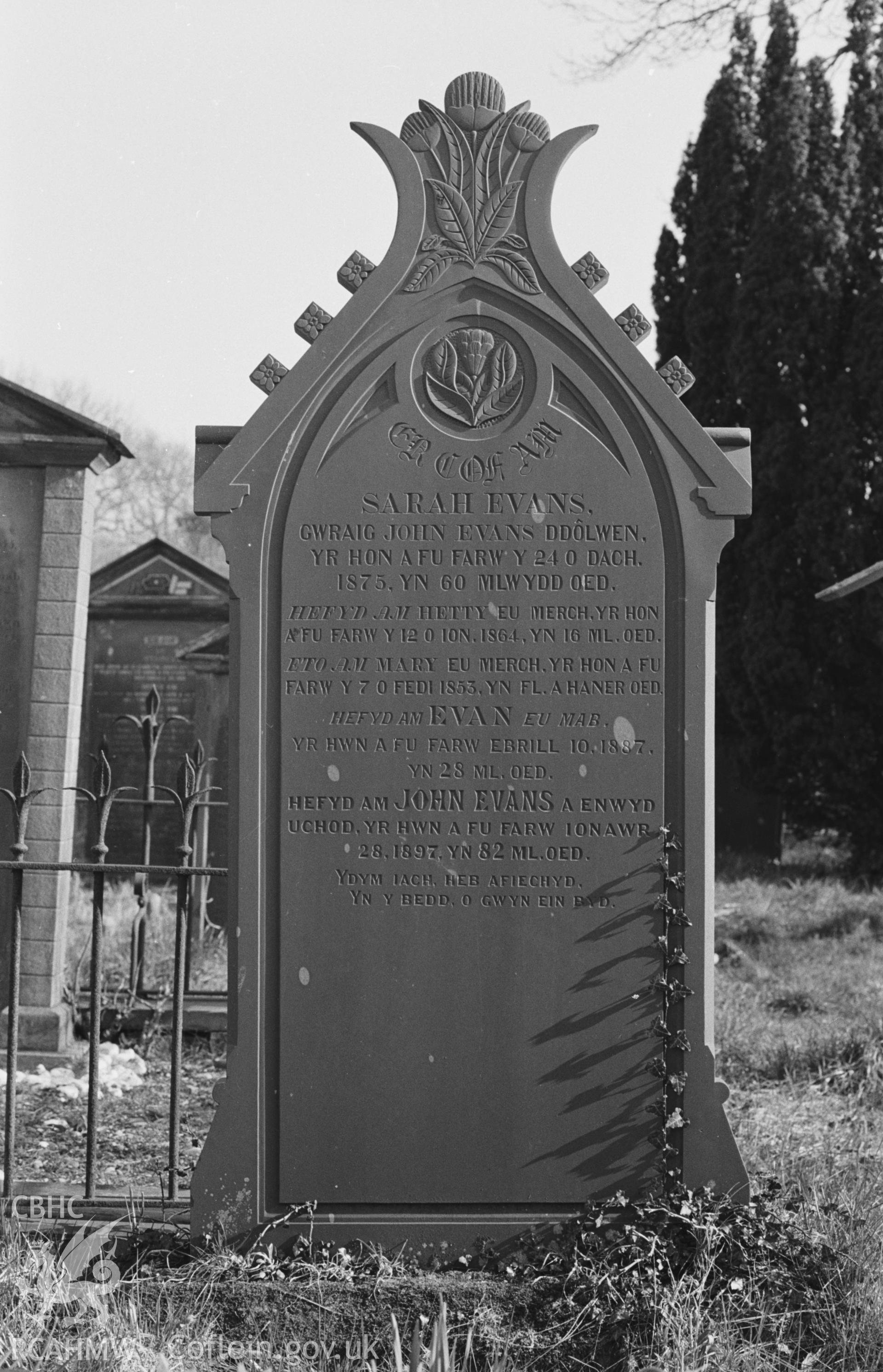Digital copy of a black and white negative showing the Evans' family gravestone, Pensarn Welsh Calvinistic Methodist chapel, Hafod Iwan, Caerwedros. Photographed by Arthur O. Chater on 11th April 1968 from Grid Reference SN 381 548.