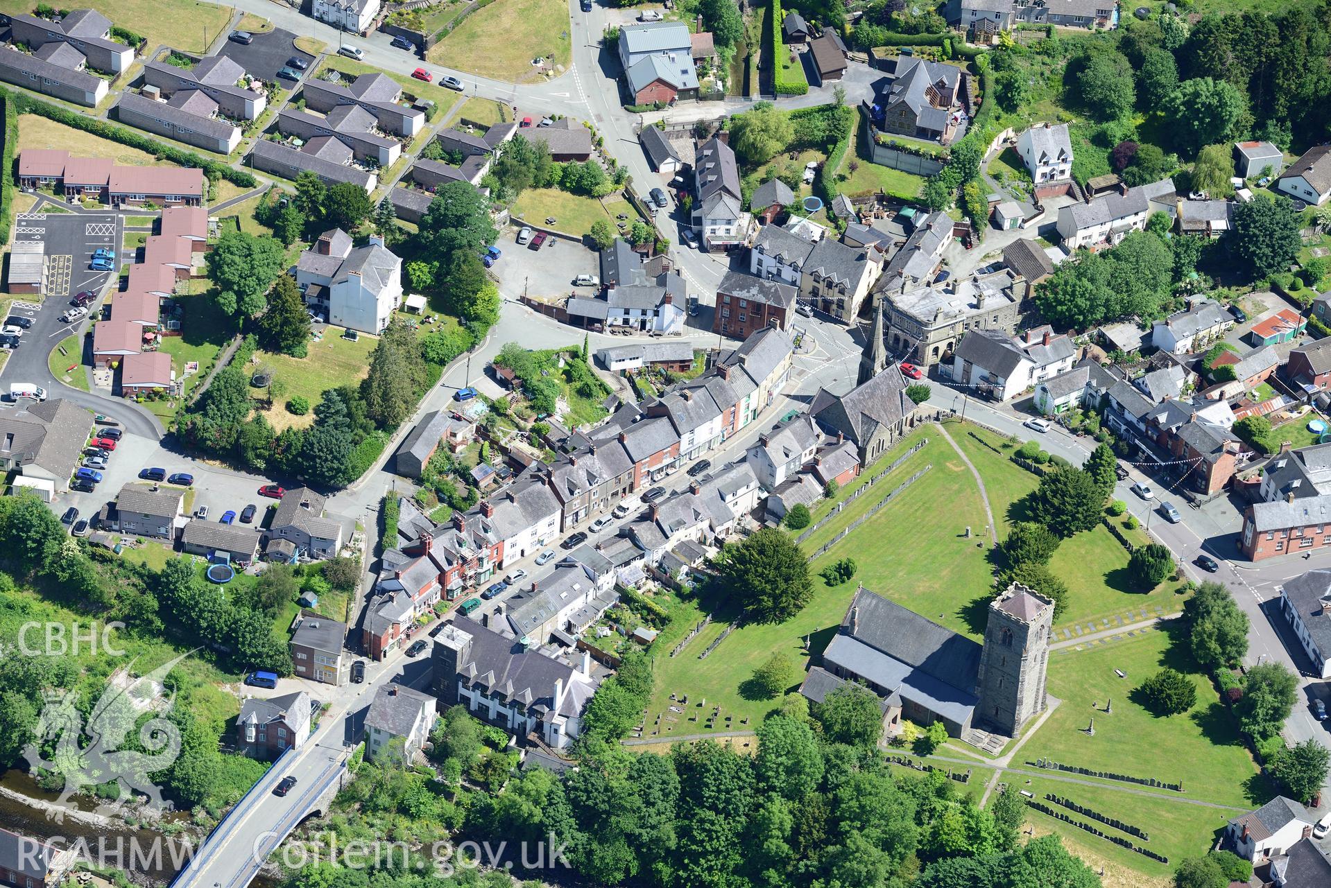 St. Mary's church in the town of Llanfair Caereinion, west of Welshpool. Oblique aerial photograph taken during the Royal Commission's programme of archaeological aerial reconnaissance by Toby Driver on 30th June 2015.