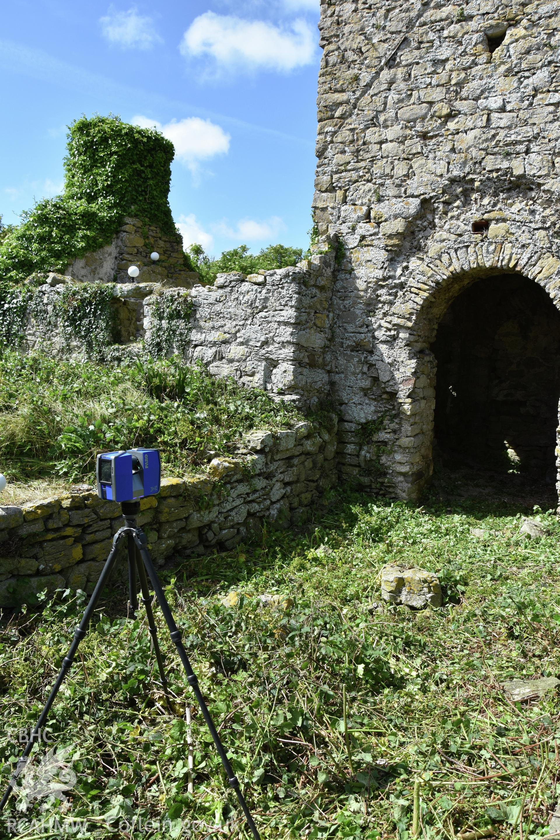 Investigator's photographic survey of the church on Puffin Island or Ynys Seiriol for the CHERISH Project. View showing survey work in the chancel to the east of the tower following vegetation clearance. ? Crown: CHERISH PROJECT 2018. Produced with EU funds through the Ireland Wales Co-operation Programme 2014-2020. All material made freely available through the Open Government Licence.