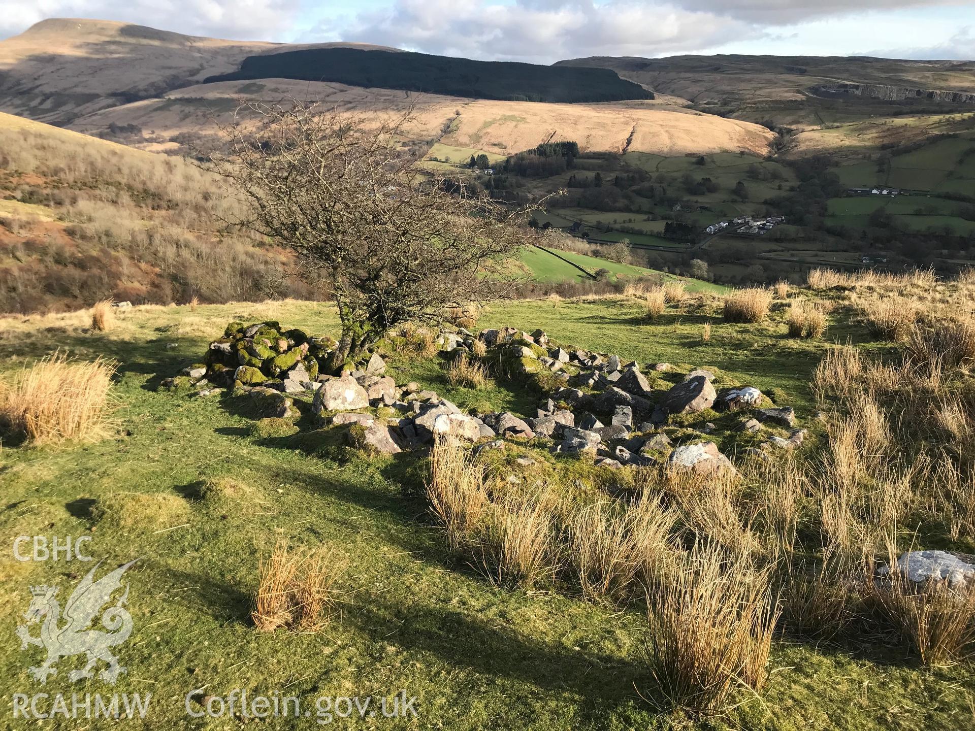 Digital colour photograph of Cwm Haffes long hut, Llywel, Glyntawe, taken by Paul R. Davis on 11th February 2019.