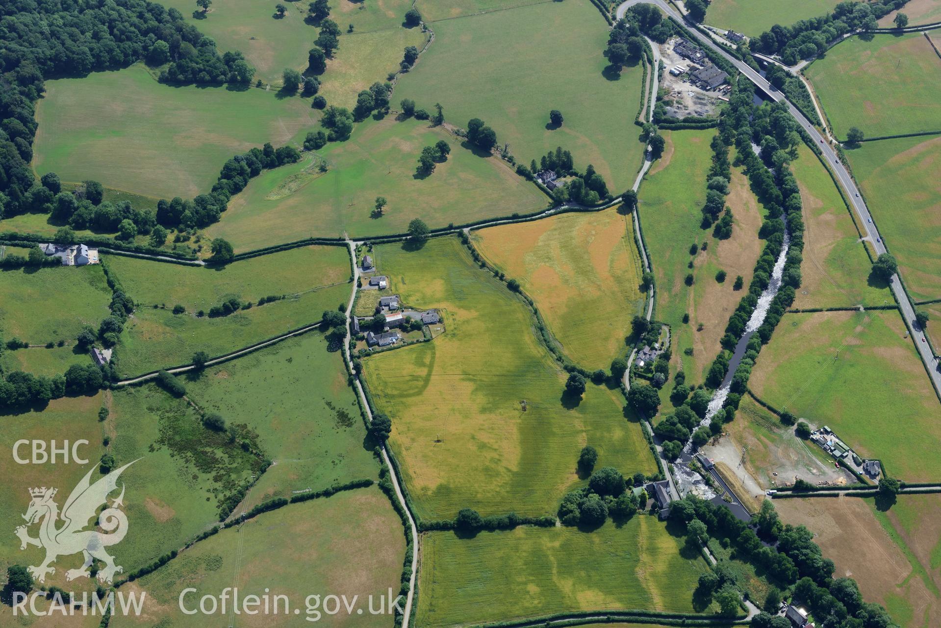 Royal Commission aerial photography of Plas Adda defended enclosure cropmarks taken on 19th July 2018 during the 2018 drought.
