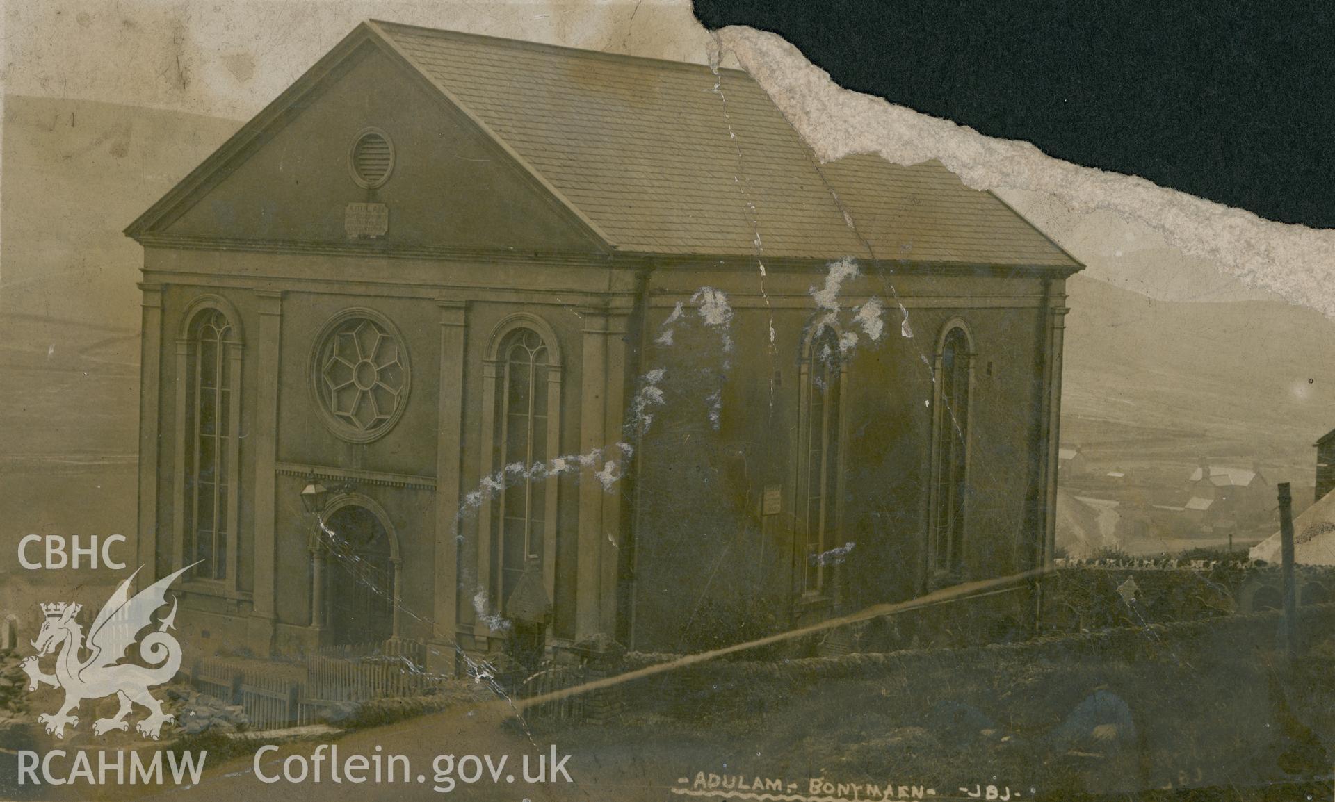 Digital copy of monochrome postcard showing exterior view of Adulam Baptist chapel, Cefn Road, Bon-y-Maen, Llansamlet. Franked in May 1909. Loaned for copying by Thomas Lloyd.