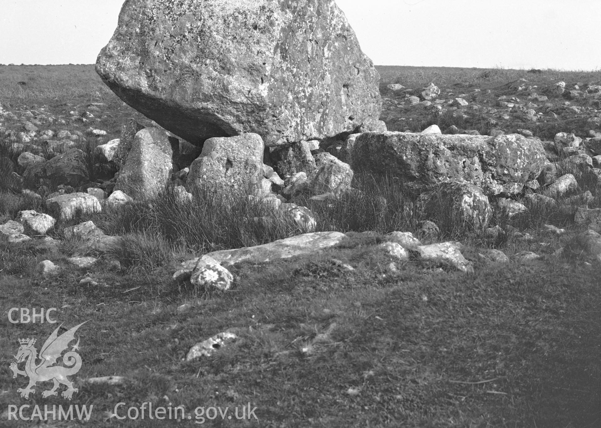 Digital copy of a nitrate negative showing cairns on Cefn Bryn.