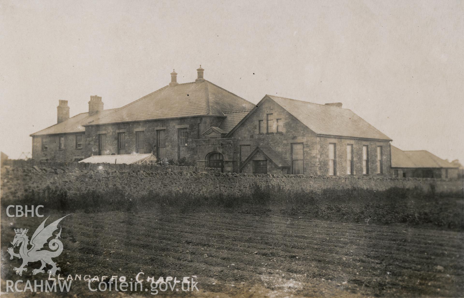 Digital copy of monochrome postcard showing exterior view of Bethania Welsh Calvinistic Methodist chapel, Llangaffo. Loaned for copying by Thomas Lloyd.