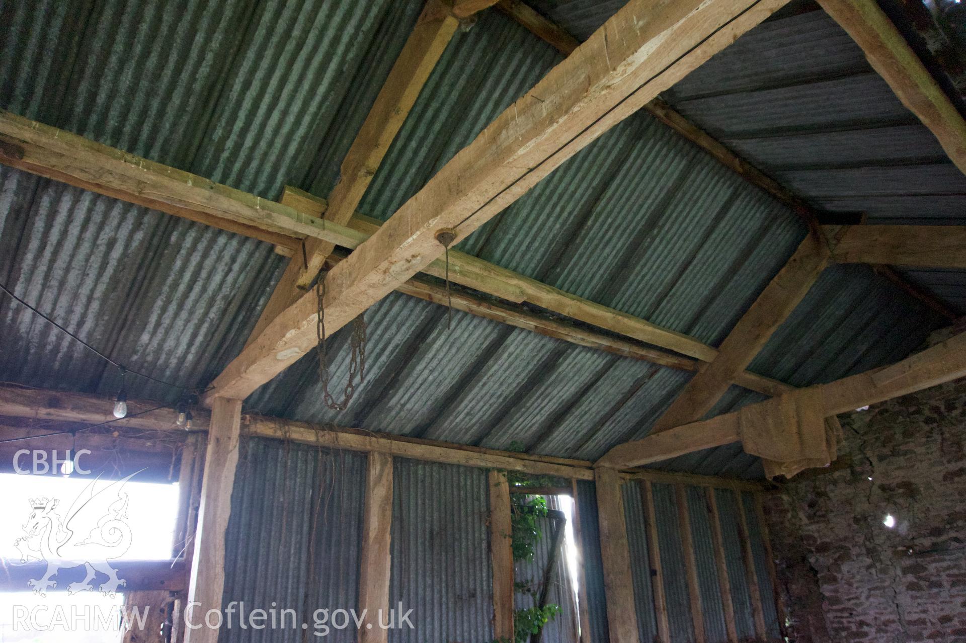 Underside of roof at Middle Ton Threshing Barn. Photographed for Historic Building Photographic Record of Middle Ton Threshing Barn, Llanvapley, by Dan Courtney of Cog Architects, 2019.