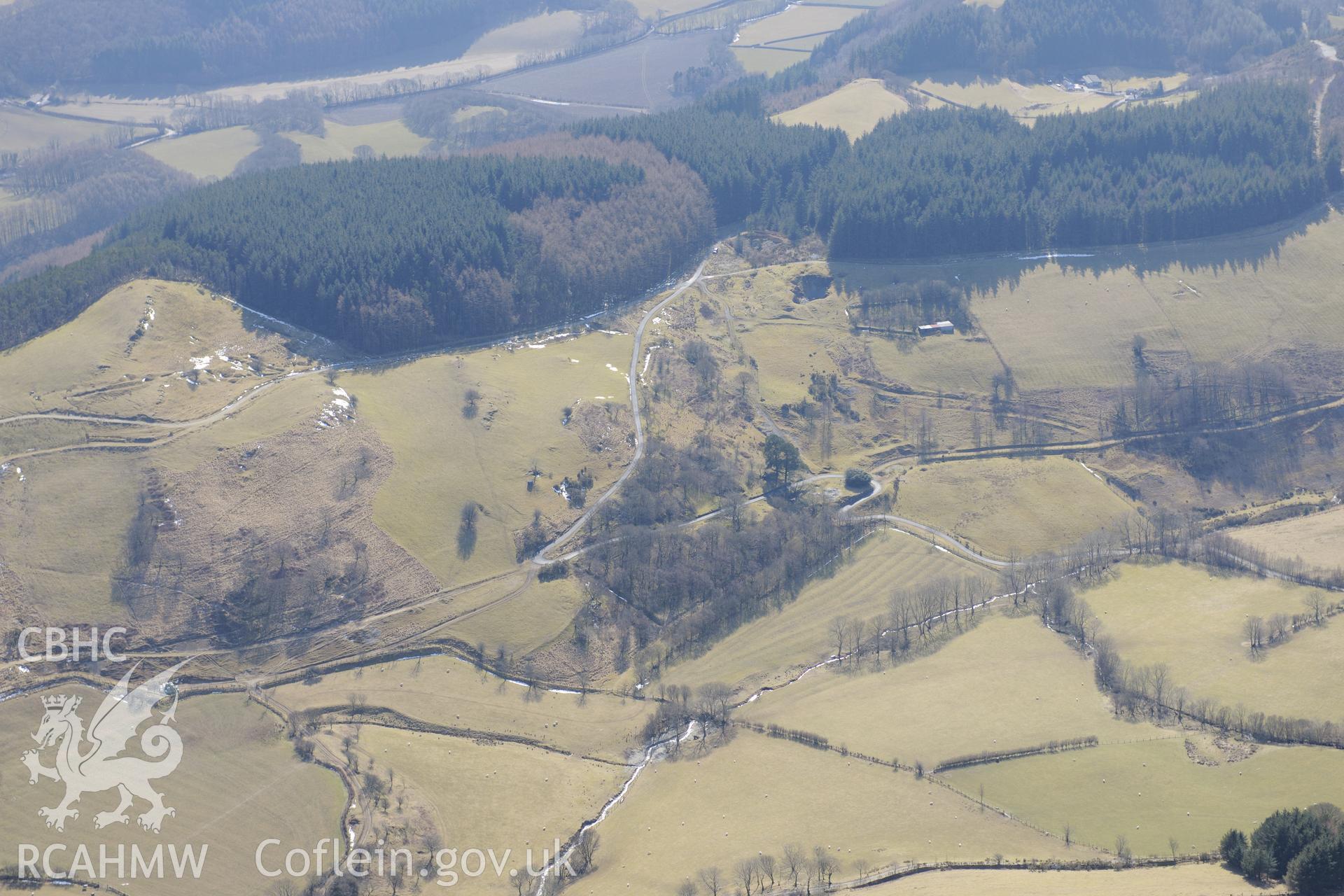 Bwlch Cwmeurin lead mine, east of Aberystwyth. Oblique aerial photograph taken during the Royal Commission's programme of archaeological aerial reconnaissance by Toby Driver on 2nd April 2015.