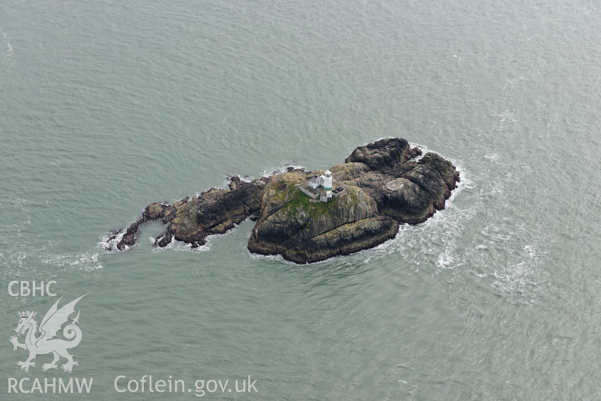 South Bishop Lighthouse at extreme low tide. Baseline aerial reconnaissance survey for the CHERISH Project. ? Crown: CHERISH PROJECT 2017. Produced with EU funds through the Ireland Wales Co-operation Programme 2014-2020. All material made freely available through the Open Government Licence.