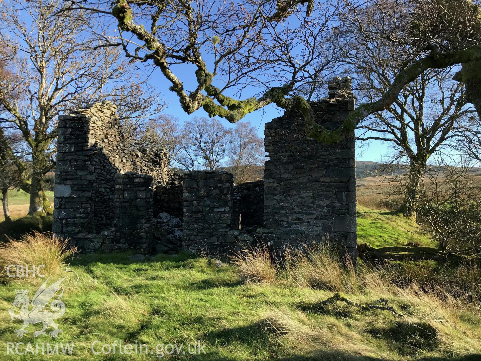 Detailed exterior view of the remains of the drystone walled Pen-Cwm house, south west of Bryneithinog farm, Ystrad Fflur. Colour photograph taken by Paul R. Davis on 18th November 2018.