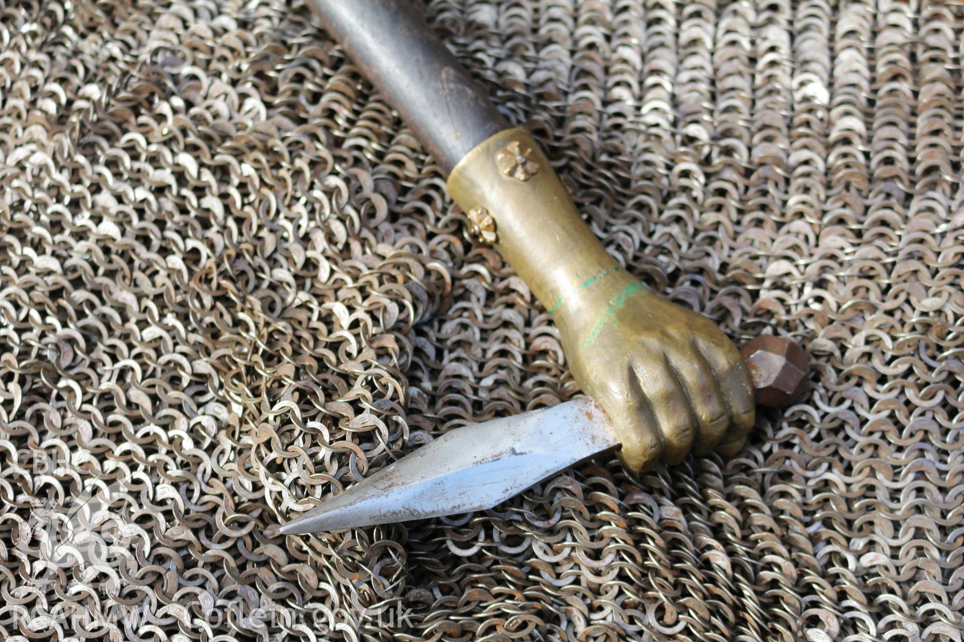 Investigators Photographs at Chepstow Castle. Reproduction of medieval chainmail and pick.