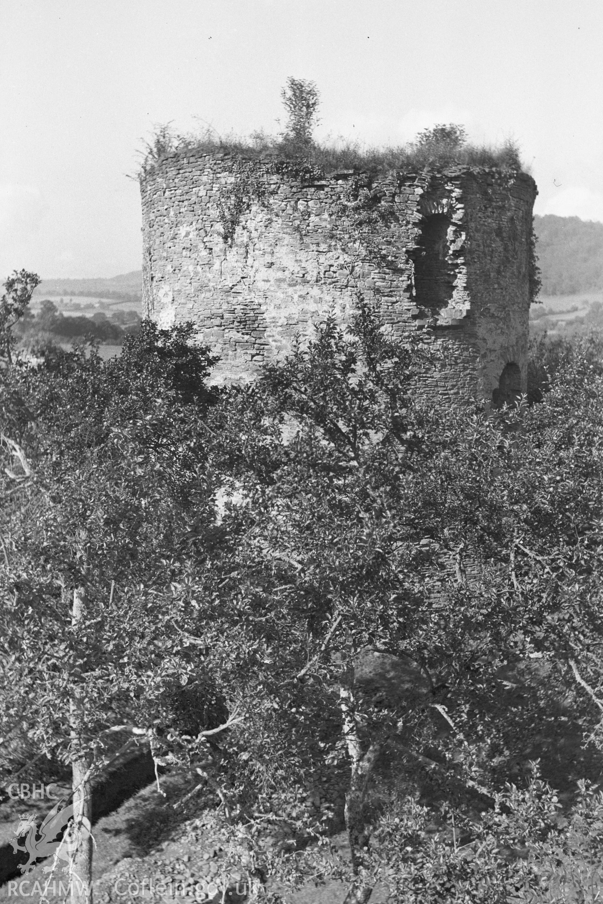 Digital copy of a nitrate negative showing view of Skenfrith Castle taken by Leonard Monroe.