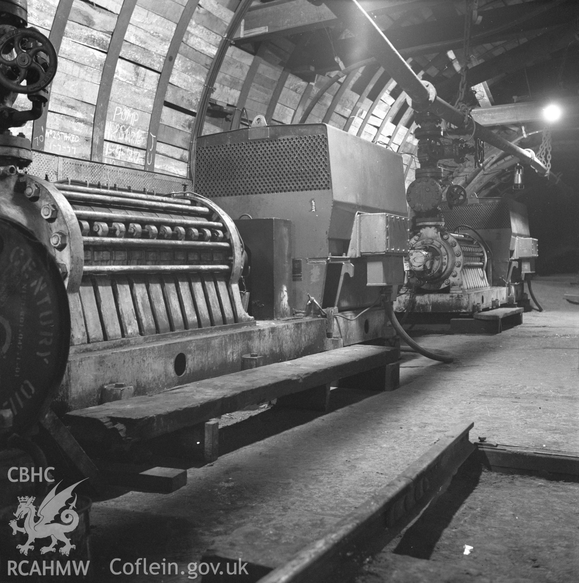 Digital copy of an acetate negative showing underground pumping station at Britannia Colliery from the John Cornwell Collection.