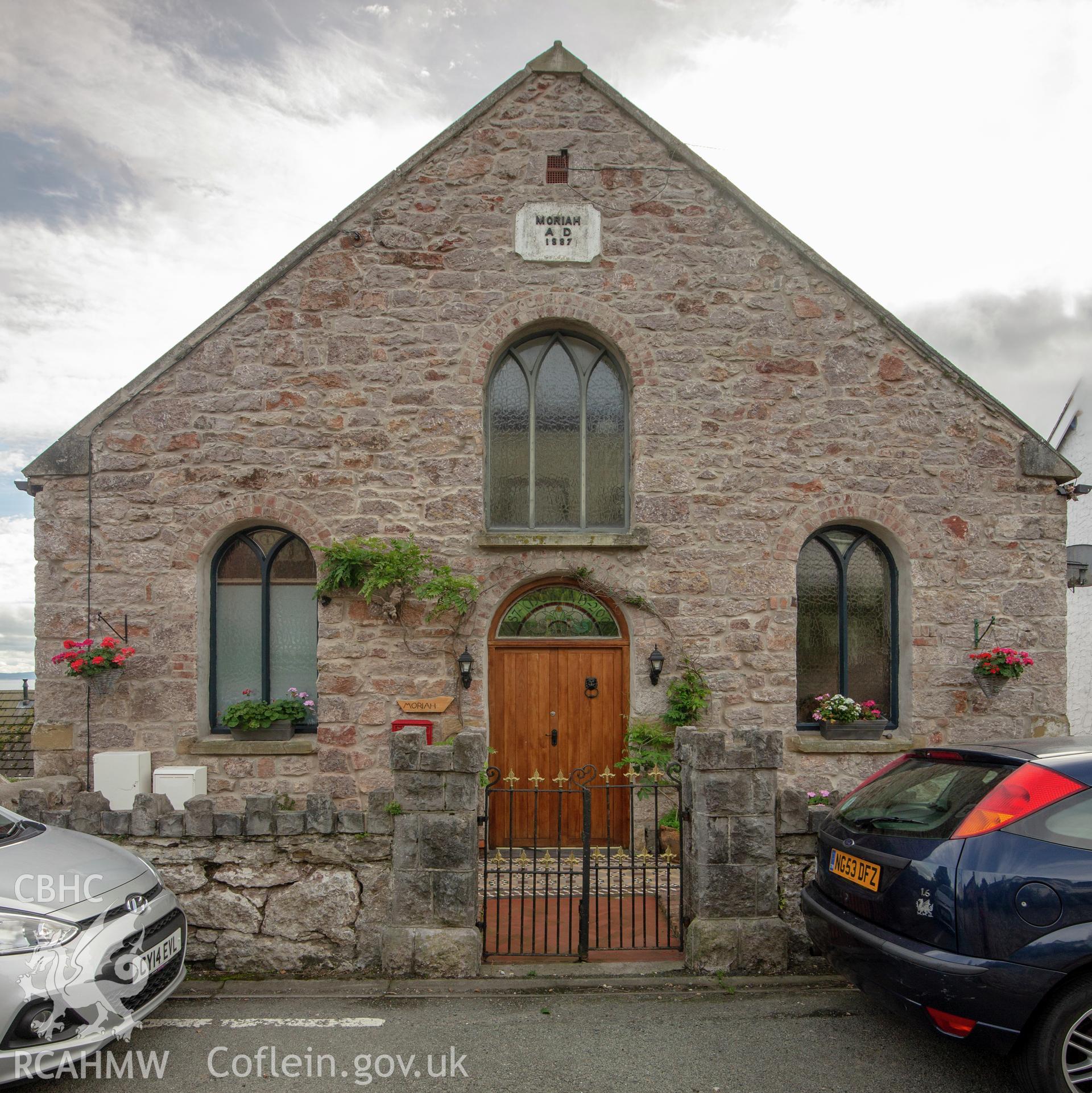 Colour photograph showing front elevation and entrance of Moriah Welsh Wesleyan Methodist chapel, Pendre Road, Penrhynside. Photographed by Richard Barrett on 17th September 2018.