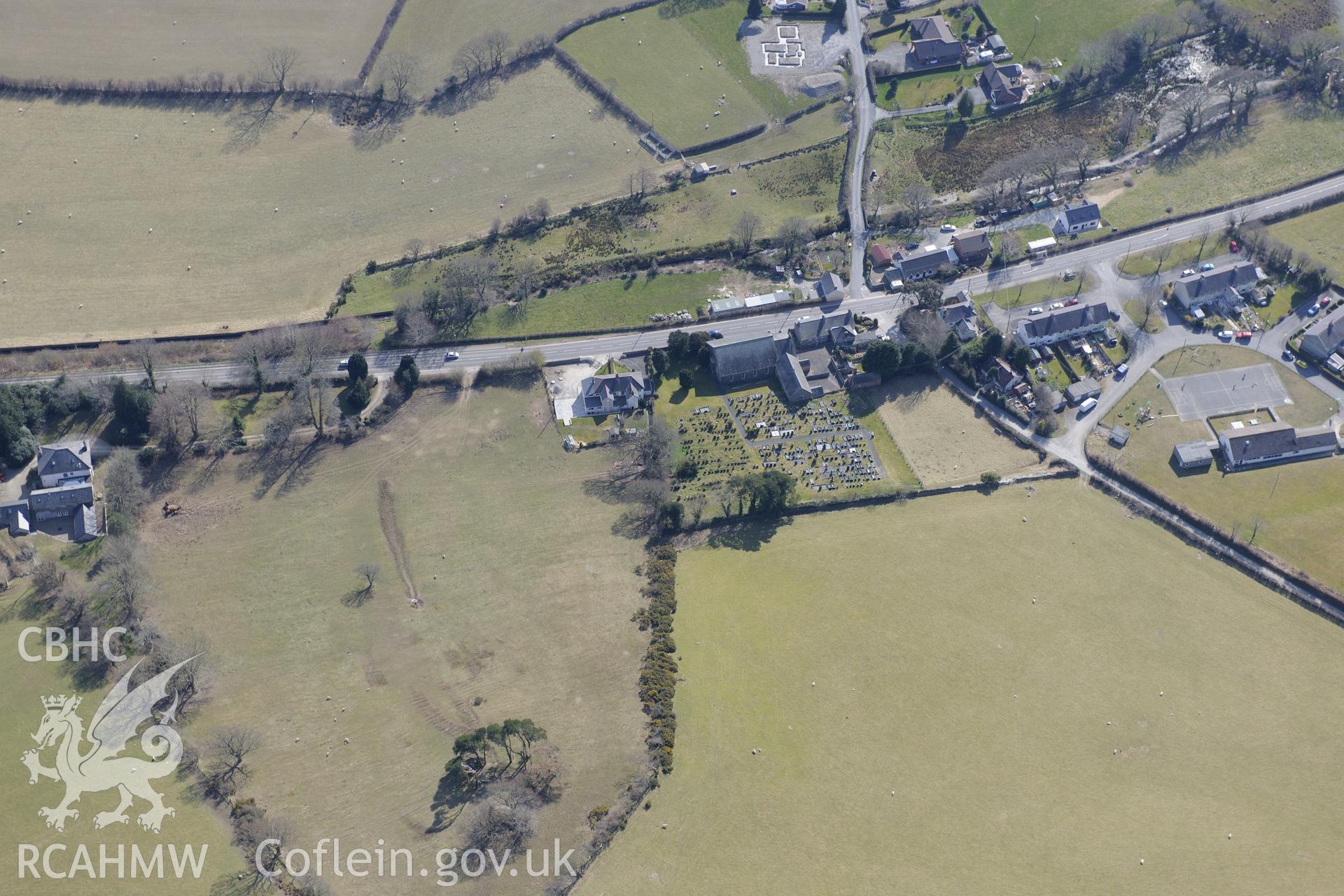 Penllwyn Welsh Calvinistic Methodist chapel and the burial site of Penllwyn chapel urn, Capel Bangor. Oblique aerial photograph taken during the Royal Commission's programme of archaeological aerial reconnaissance by Toby Driver on 2nd April 2013.