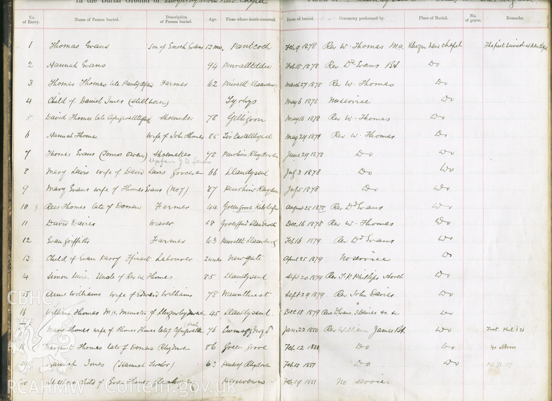 Scanned copy of handwritten burial register at Llwydrhydowen New Chapel from 9th February 1878 to 19th February 1881. Donated to the RCAHMW as part of the Digital Dissent Project.
