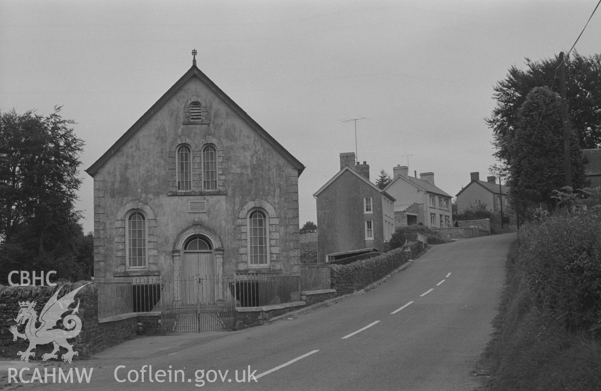 Digital copy of a black and white negative showing external view of Capel-y-Cwm Welsh Unitarian Chapel, Cwmsychbant, Llanwenog. Photographed by Arthur O. Chater in September 1966 looking east from Grid Reference SN 476 462.