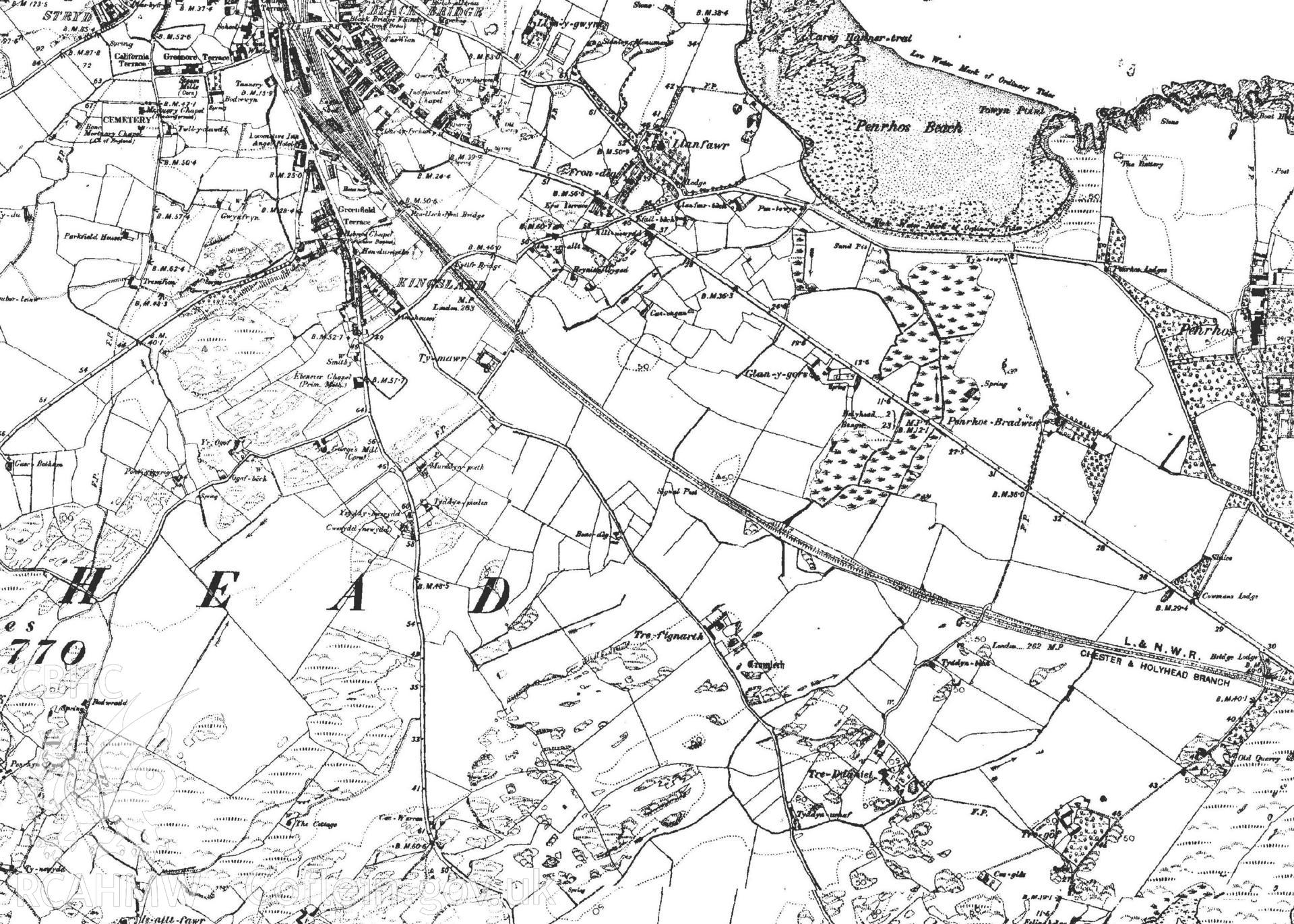 Extract of the Ordnance Survey map of 1890-91. Extract of the Holyhead tithe map. Included in material used as part of Archaeology Wales' heritage impact assessment of Parc Cybi Enterprise Zone, Holyhead, Anglesey, conducted in 2017. Project number: P2522.
