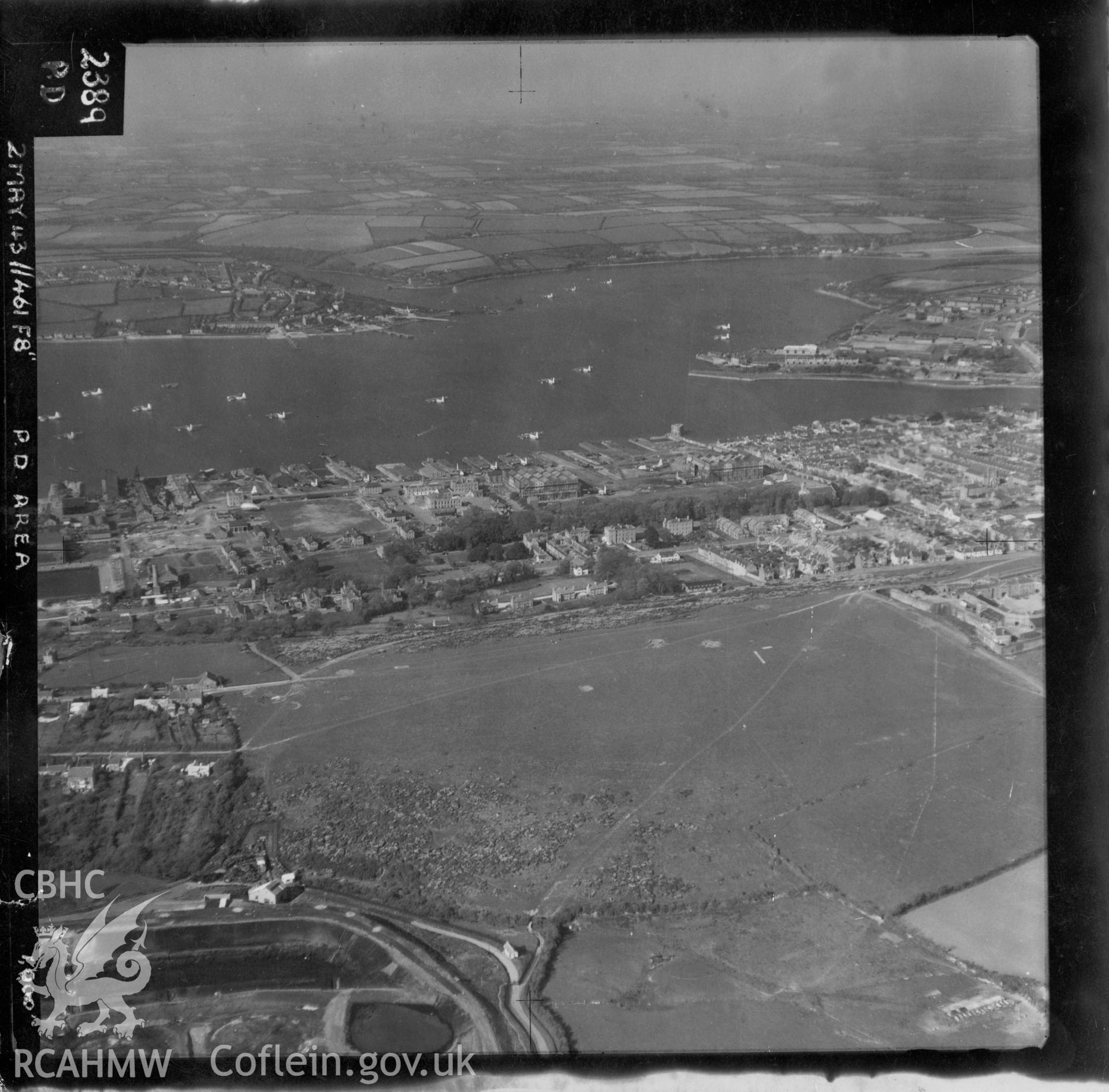 Aerial view of Pembroke Dock taken by the Royal Air Force, dated 2nd May 1943. Digitised from a print loaned for copying by David Green.