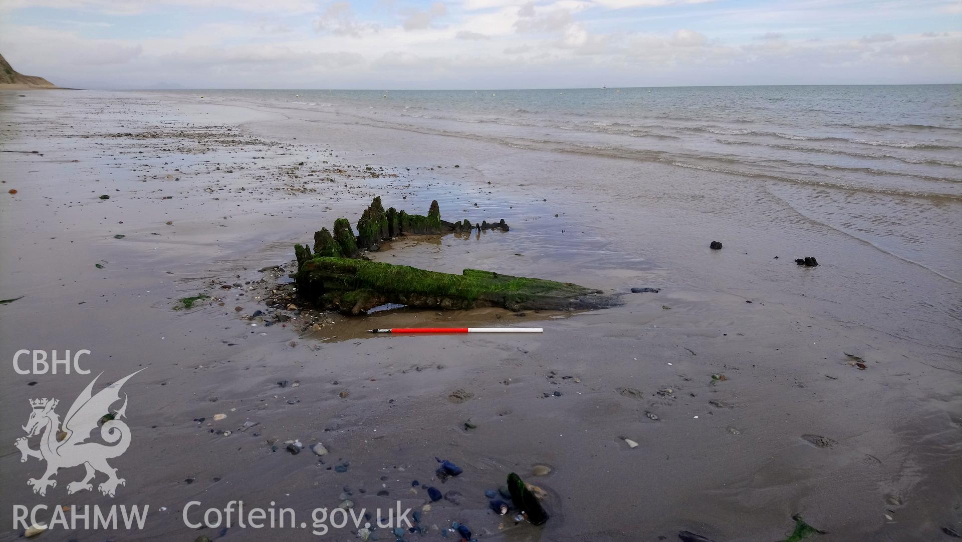 Photographic survey of newly-identified wreck on The Warren beach, Abersoch. Recorded with GNSS and photogrammetry for the CHERISH Project. ? Crown: CHERISH PROJECT 2018. Produced with EU funds through the Ireland Wales Co-operation Programme 2014-2020. All material made freely available through the Open Government Licence.