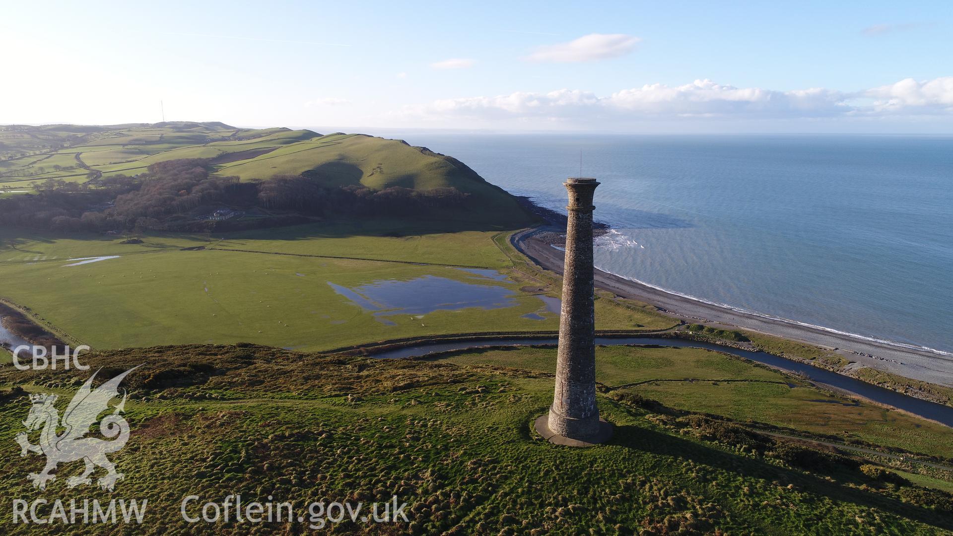 CHERISH Project DJI drone photo survey of Pen Dinas Hillfort and the Wellington Monument. ? Crown: CHERISH PROJECT 2017. Produced with EU funds through the Ireland Wales Co-operation Programme 2014-2020. All material made freely available through the Open Government Licence.