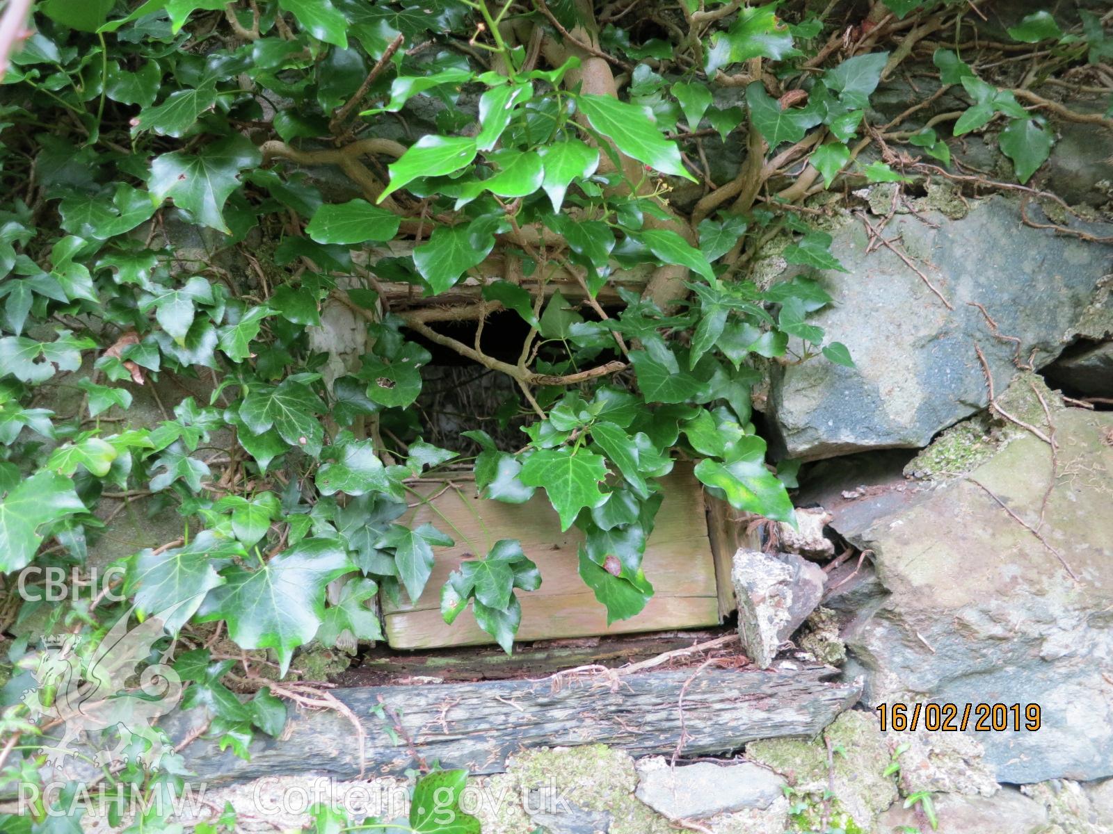 Exterior north elevation window aperture of the pigsty at Pencerrig Pellaf, Ffordd Uchaf, Harlech. Photographed by Kimberley Urch as part of photographic survey for planning application (ref. no. NP5/61/LB446A Snowdonia National Park Authority).