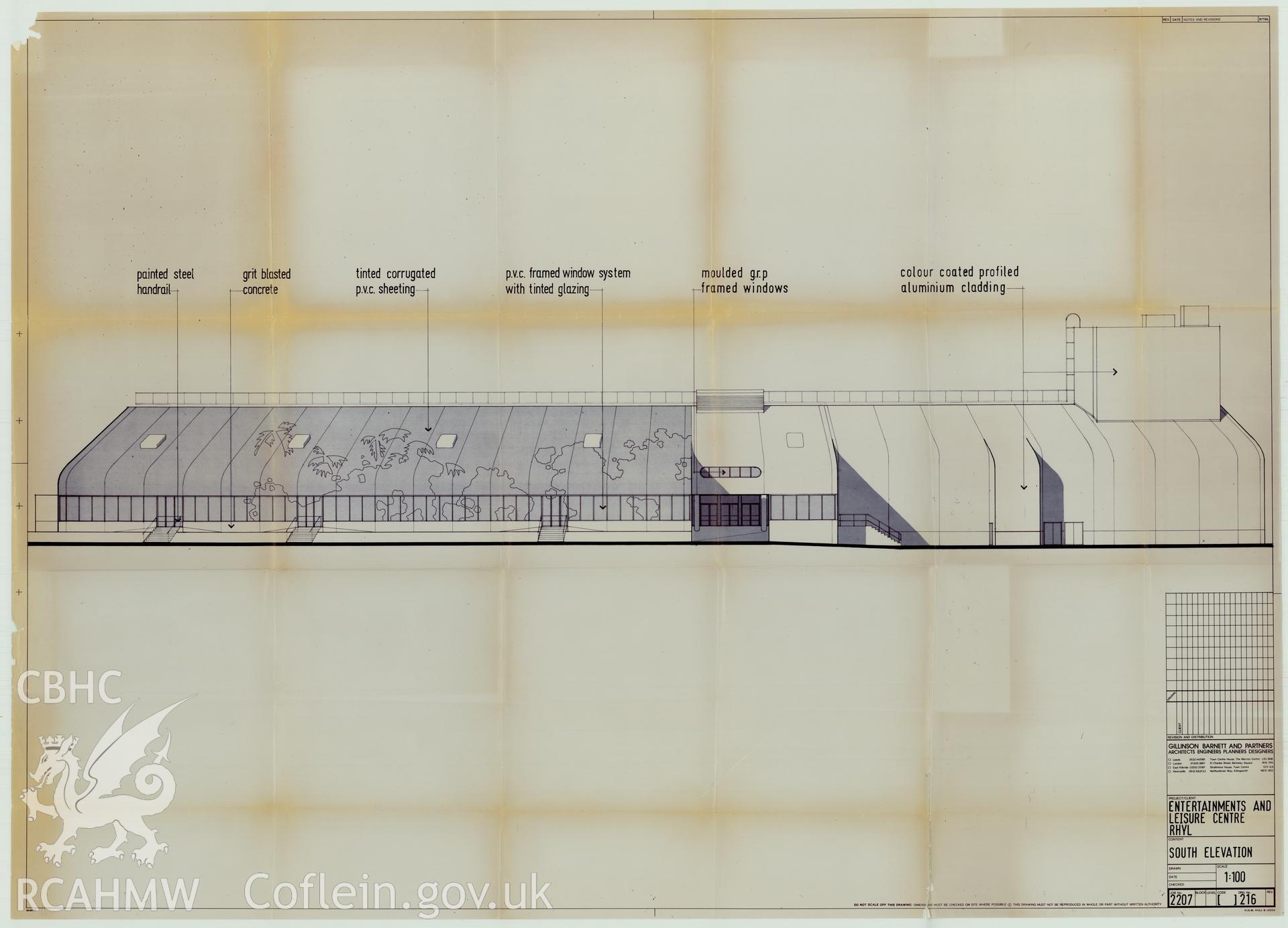 Digital copy of a measured drawing showing south elevation of the Sun Centre, Rhyl, produced by Gillinson Barnett and Partners. Loaned for copying by Denbighshire County Council.