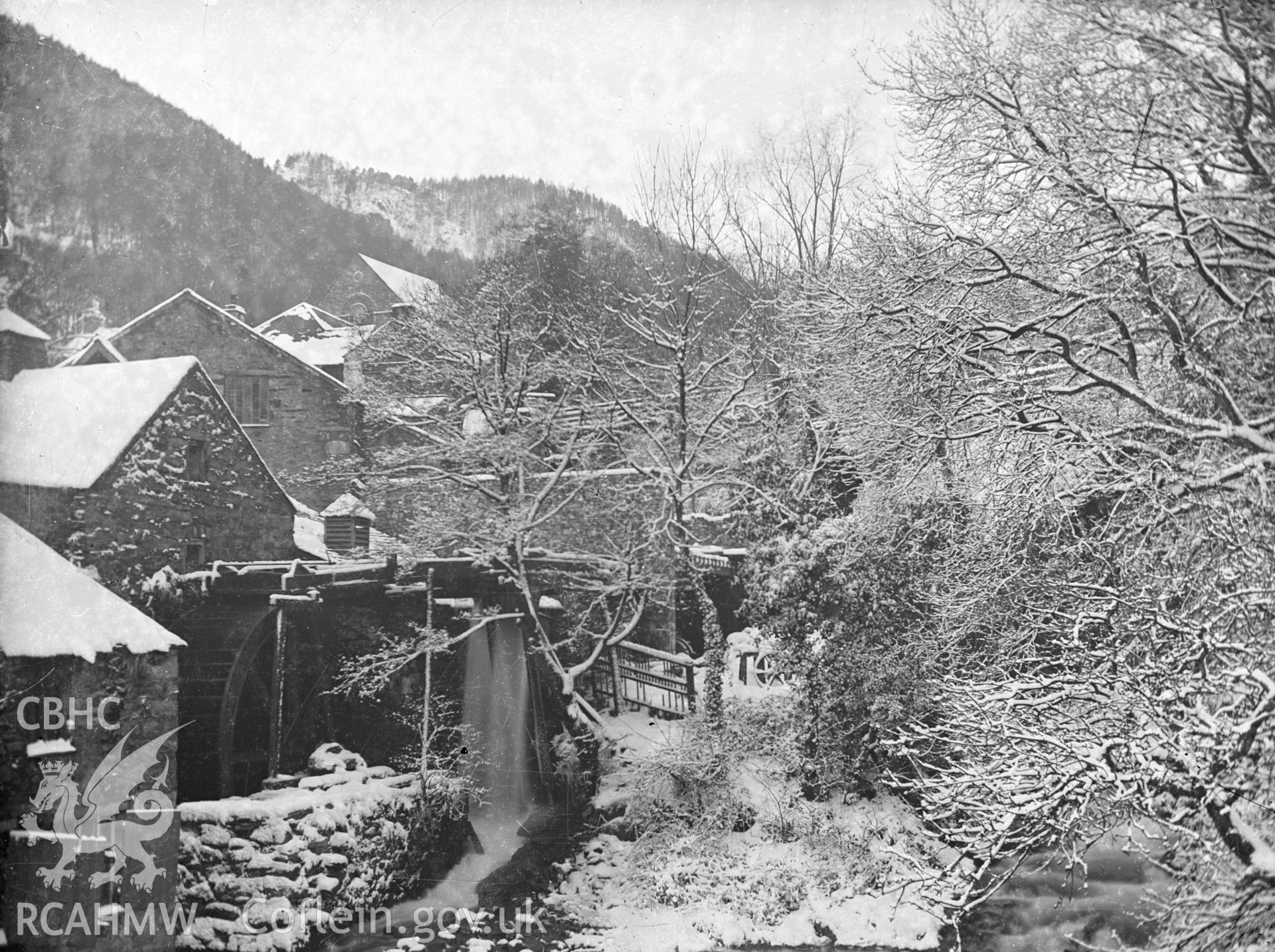 Digital copy of a glass plate showing view of mill in the Fairy Glen at Trefriw, taken by Manchester-based amateur photographer A. Rothwell, 1890-1910