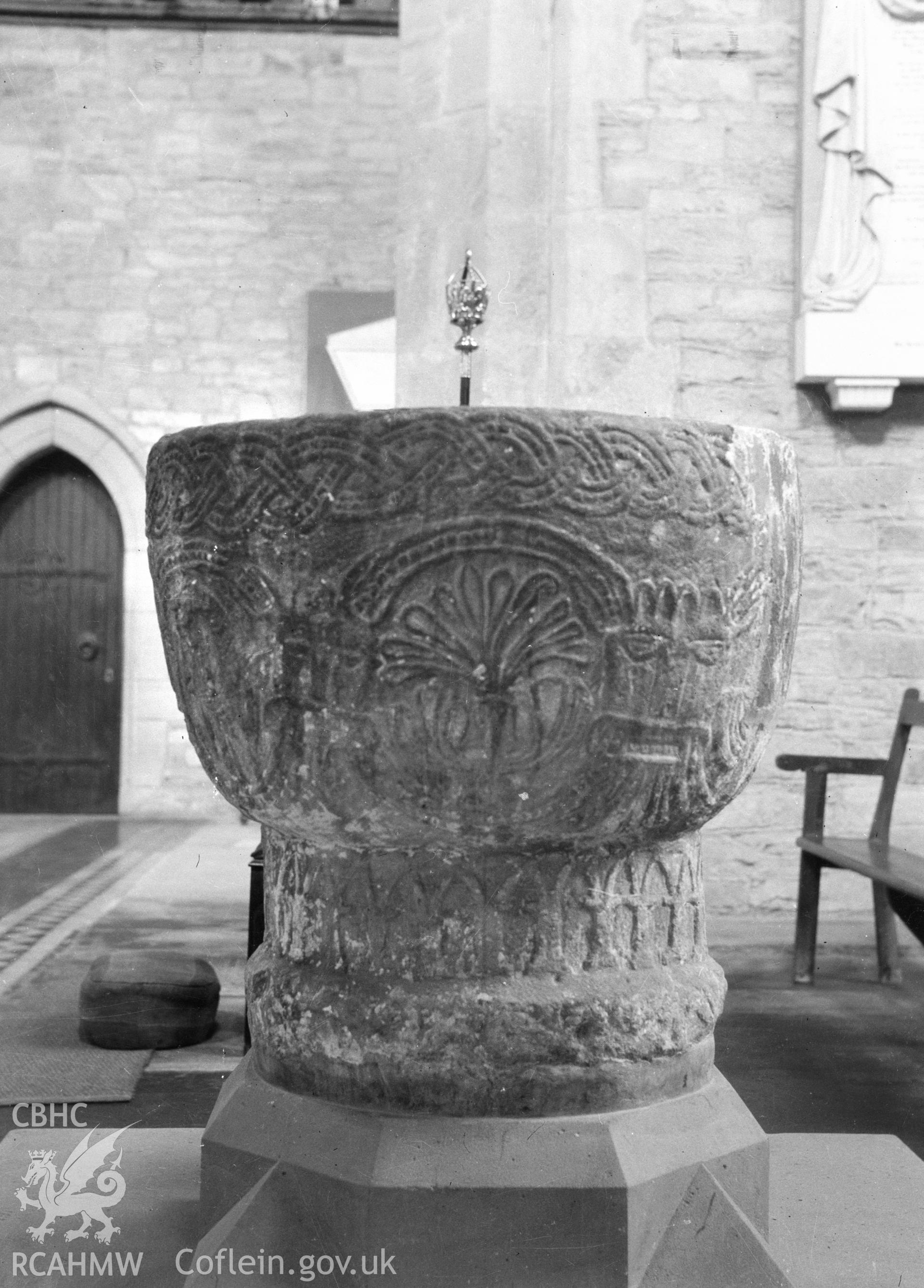 Digital copy of nitrate negative showing font at Brecon Cathedral. From the Cadw Monuments in Care Collection.
