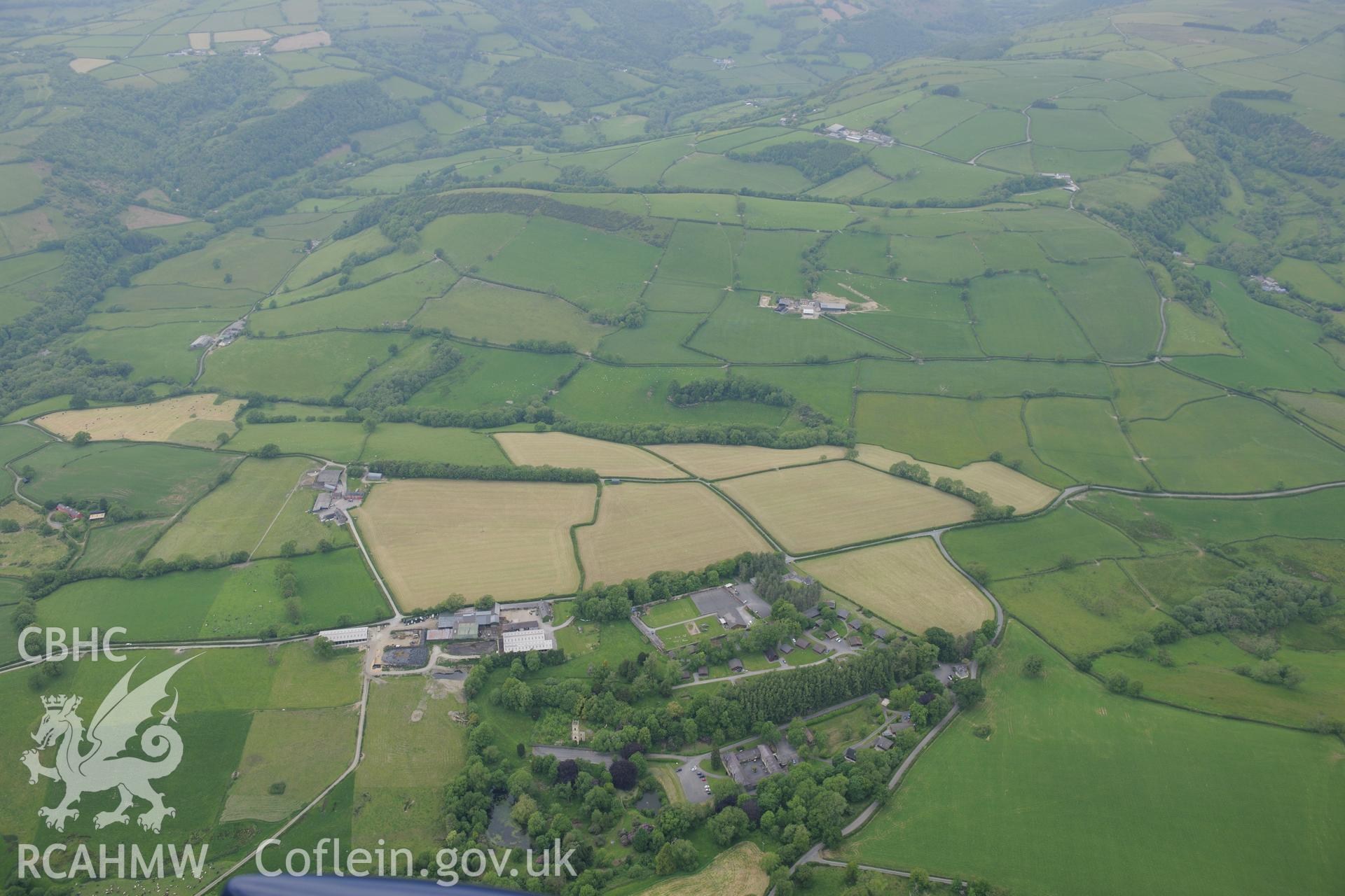 Pantglas Hall, stable block, laundry block, garden and home farm, near Llandeilo. Oblique aerial photograph taken during the Royal Commission's programme of archaeological aerial reconnaissance by Toby Driver on 11th June 2015.