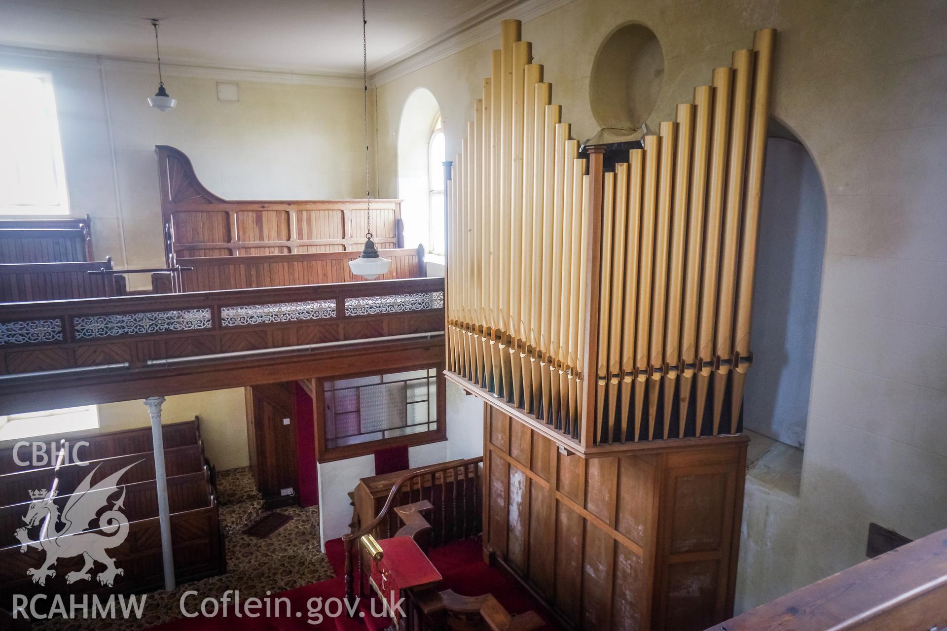 Digital colour photograph showing view of the organ pipes from the first floor gallery at Pentower Chapel, Fishguard, dated 2019. Photographed by Grace Elliott to meet a condition attached to a planning application.