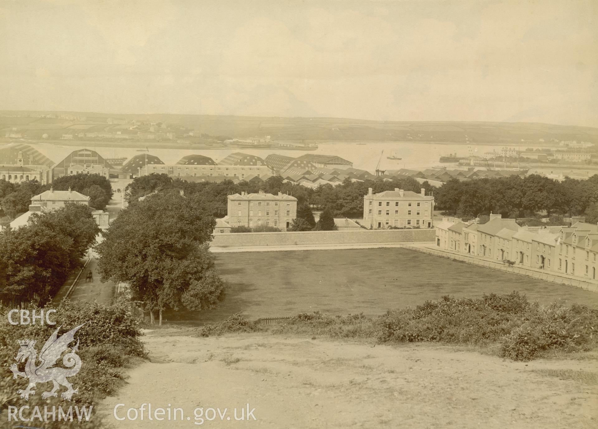 Digital copy of an albumen print showing general view over Pembroke Dock, date and photographer unknown.